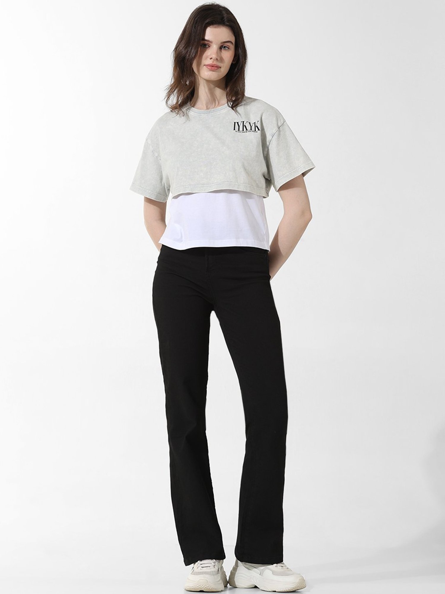 Only Grey & White Cotton Graphic Print T-Shirt