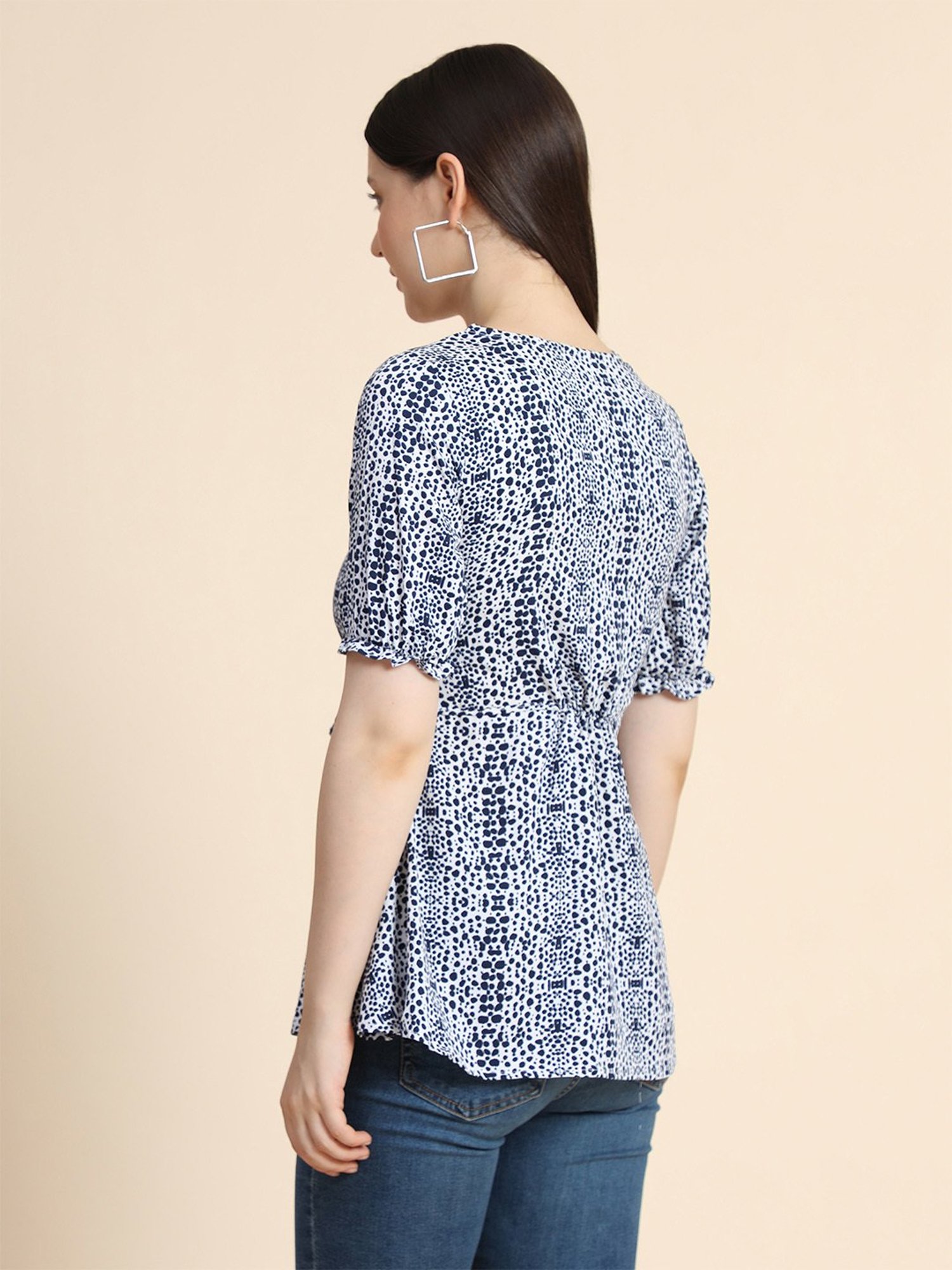 KERI PERRY White & Navy Printed Top