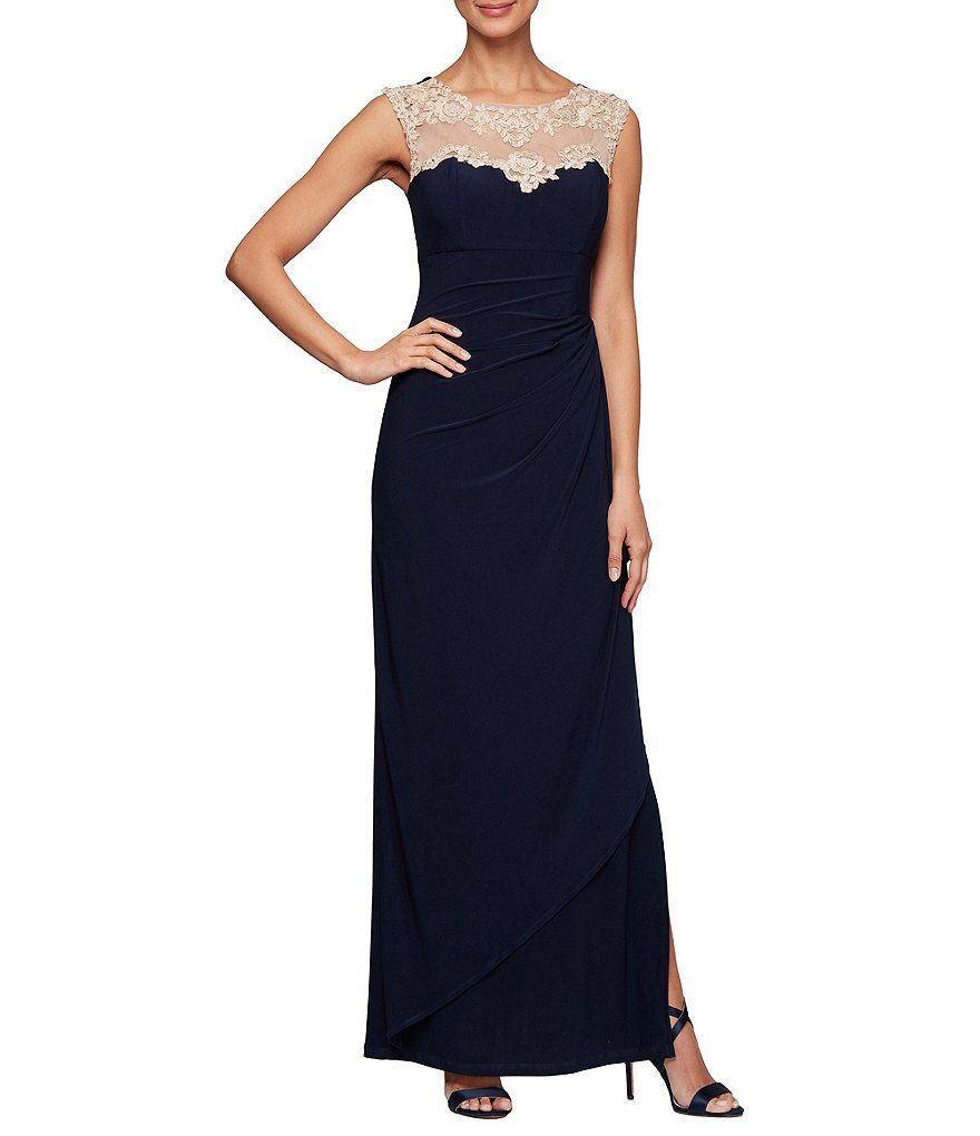 Jkara Petite Size 3/4 Sleeve Lined Illusion Crew Neck Beaded Gown