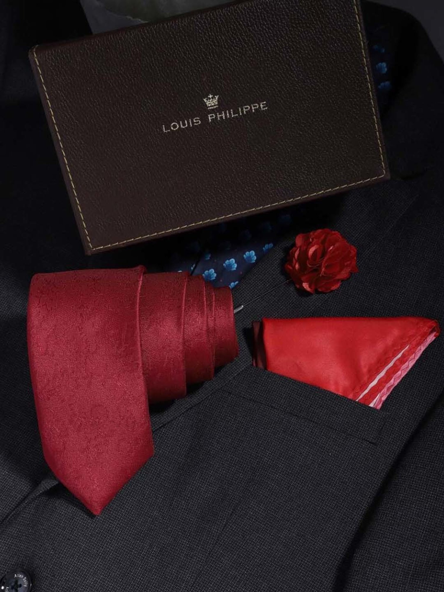 Louis Philippe Red Embroidered Tie with Pocket Square & Lapel Pin