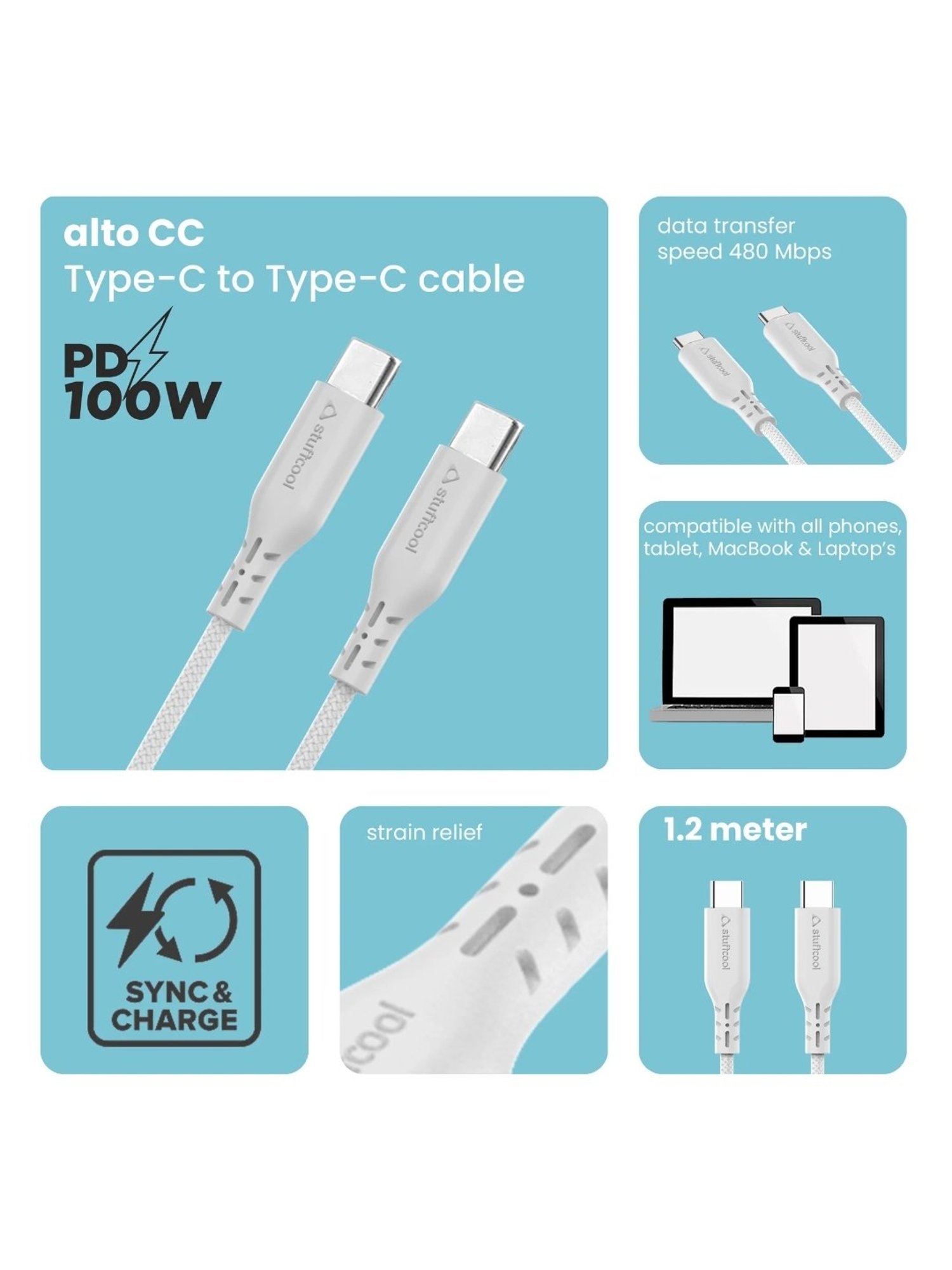 Stuffcool Alto C Cable Fast USB C 100W (White)