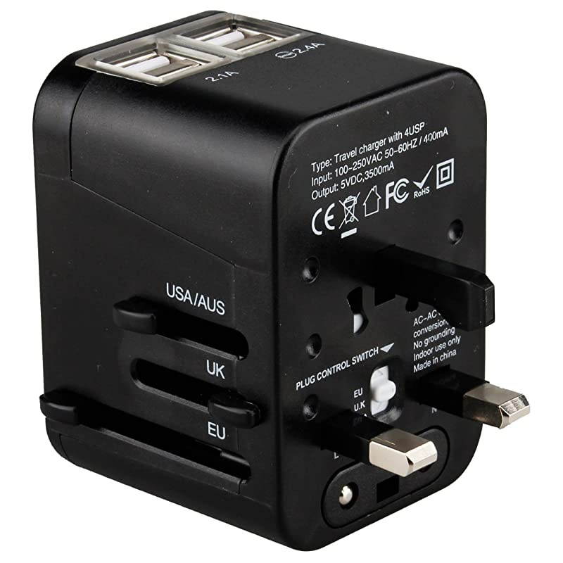 Universal Travel Adapter with Quad USB Charger AllinOne SurgeSpike Protected Electrical Plug with Fast Charging USB Ports International Power Socket works in 192 Countries 4XUSB