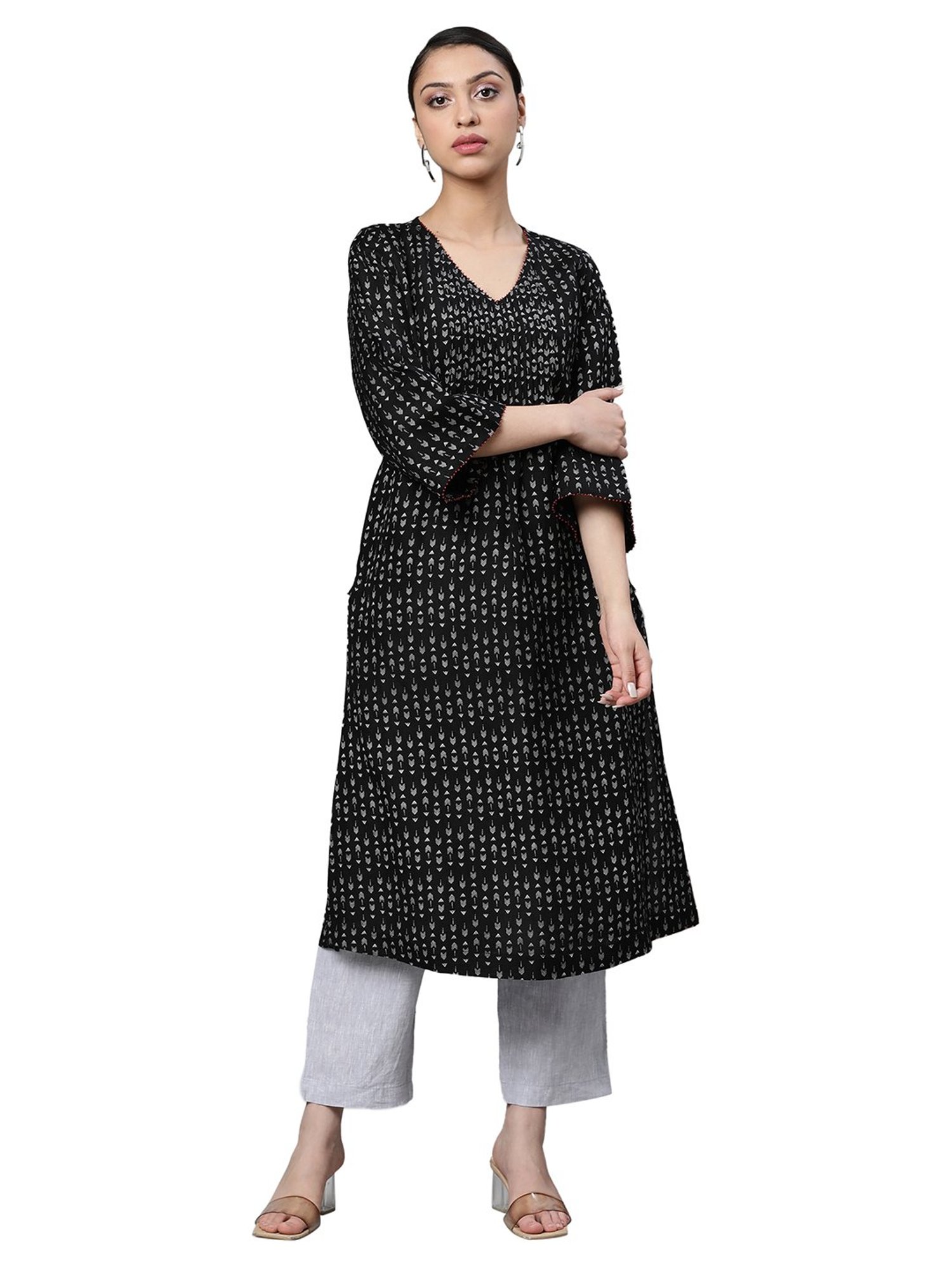 Linen Club Woman Black Printed A Line Kurta