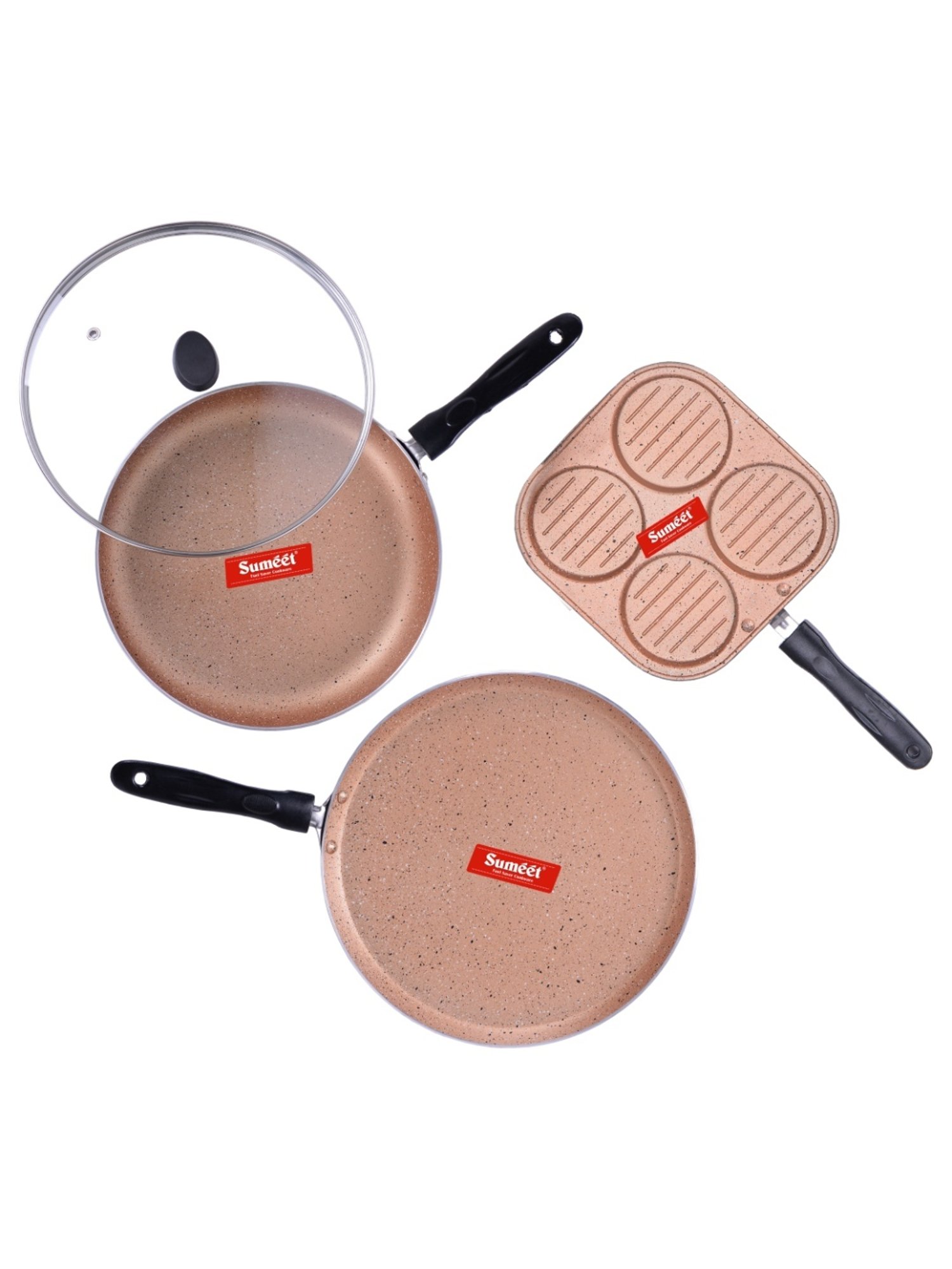 Sumeet Nonstick Granite 3pc Cookware Set (Mini Multi Snack Maker,Dosa Tawa,Fry Pan With Glass Lid)