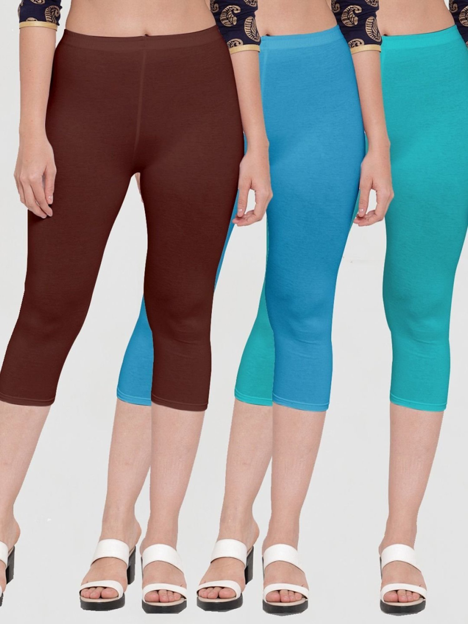 Gracit Brown & Blue Mid Rise Capris - Pack Of 3