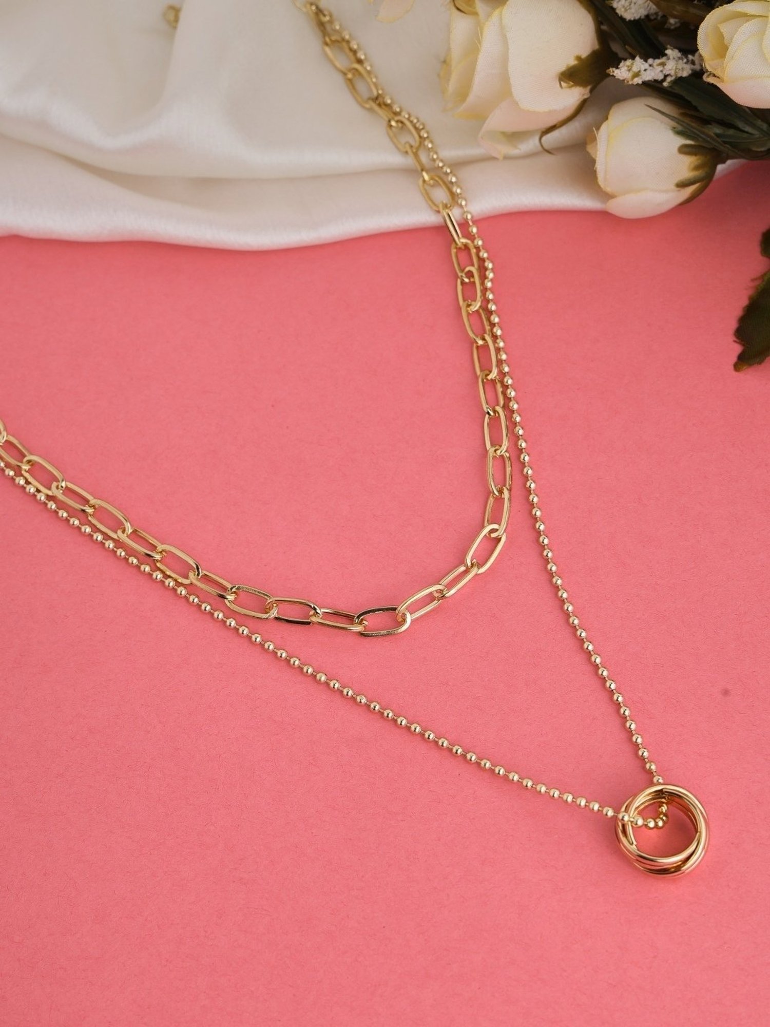 Prita by Priyaasi Dual Layered Beaded Link Ring Drop Gold-Plated Necklace