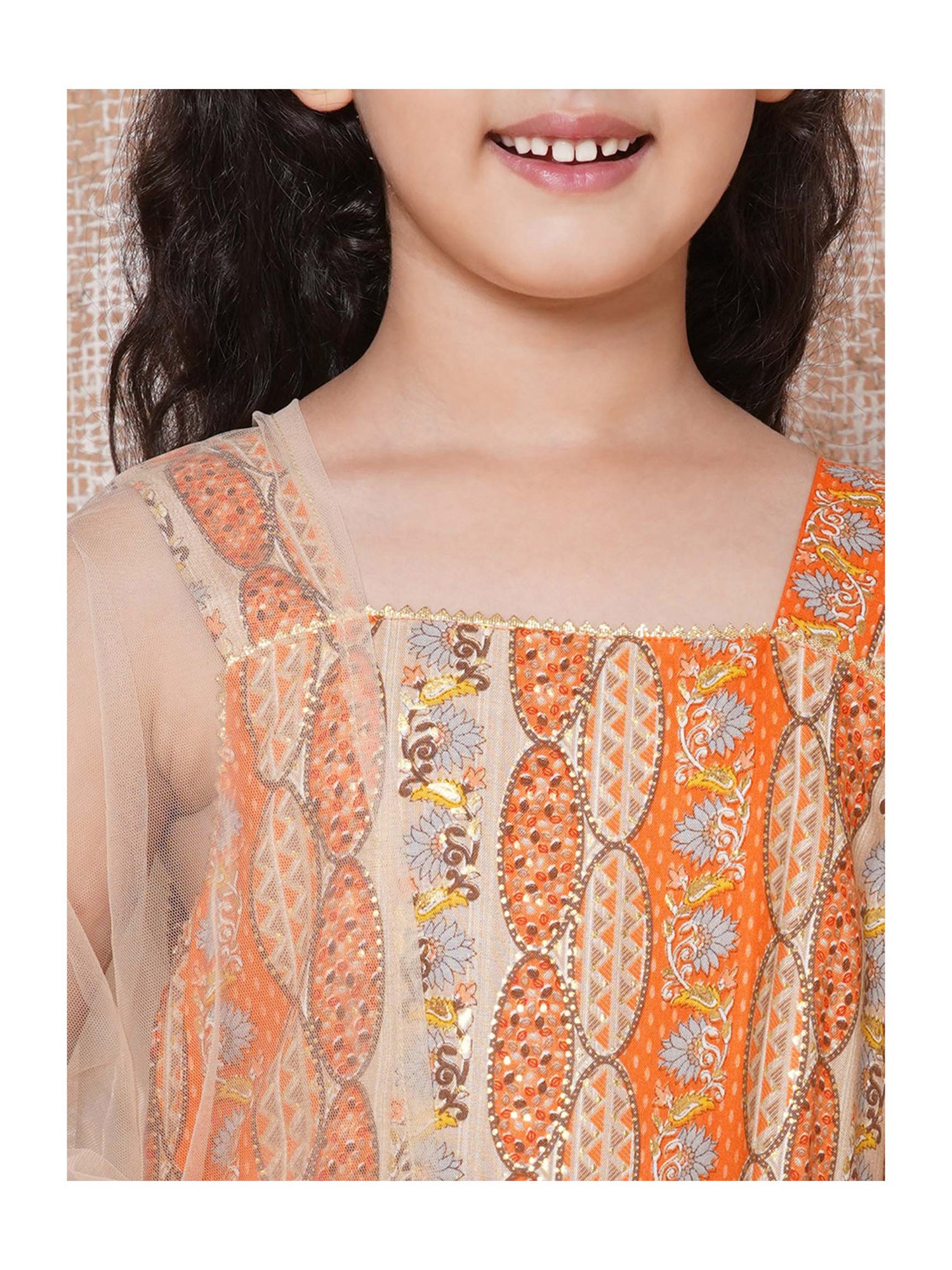 AJ Dezines Kids Orange & Beige Floral Print Kurta, Sharara with Dupatta