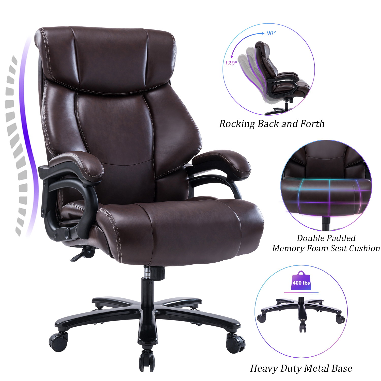 VANBOW  Big and Tall 400lb Executive Office Chair High Back Leather Heavy Duty Desk Computer Task Swivel Chairs with Adjustable Tilt Angle, Thick Padding and Ergonomic Design Lumbar Support, Brown