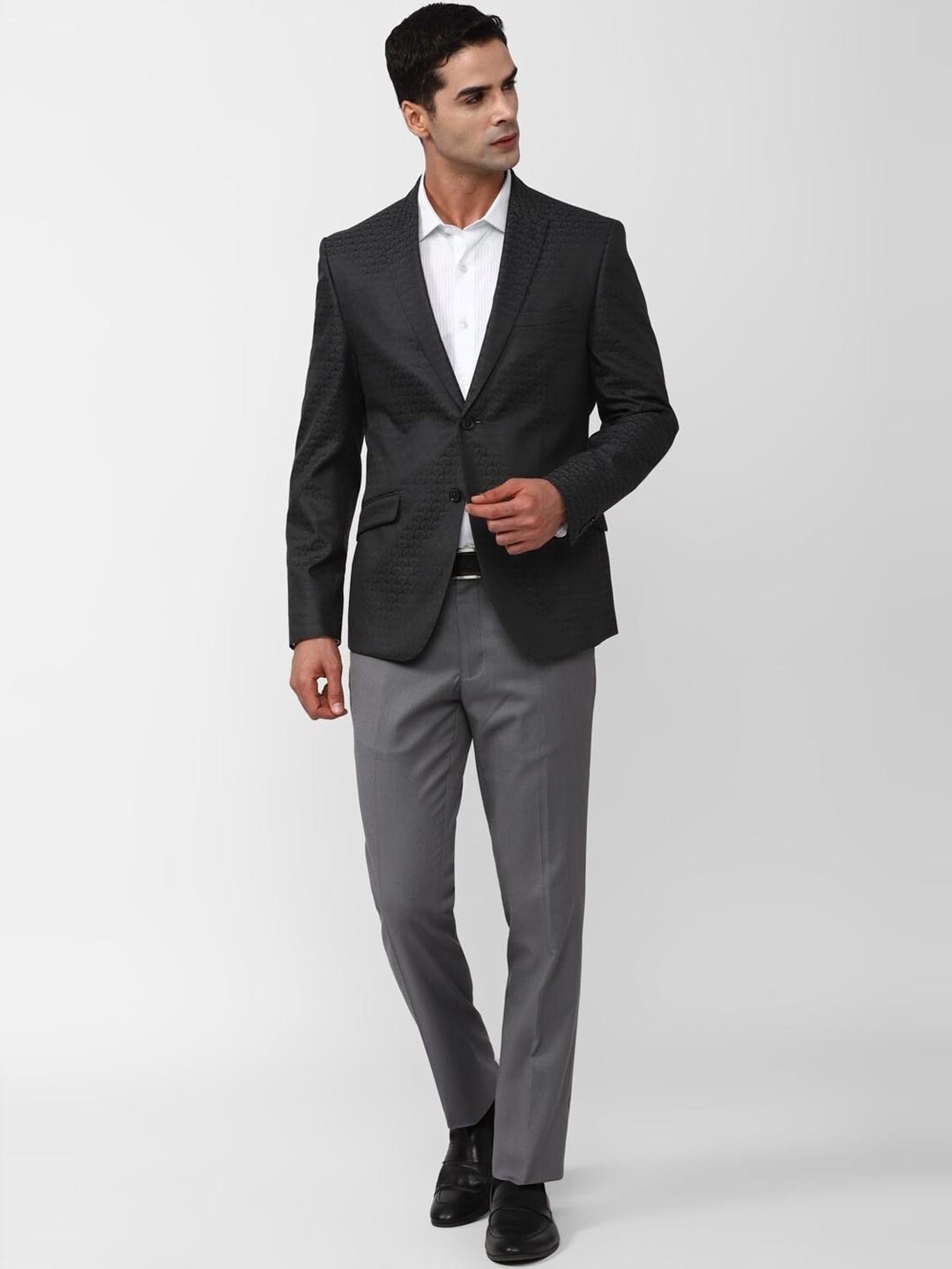 V Dot Black Skinny Fit Printed Blazer