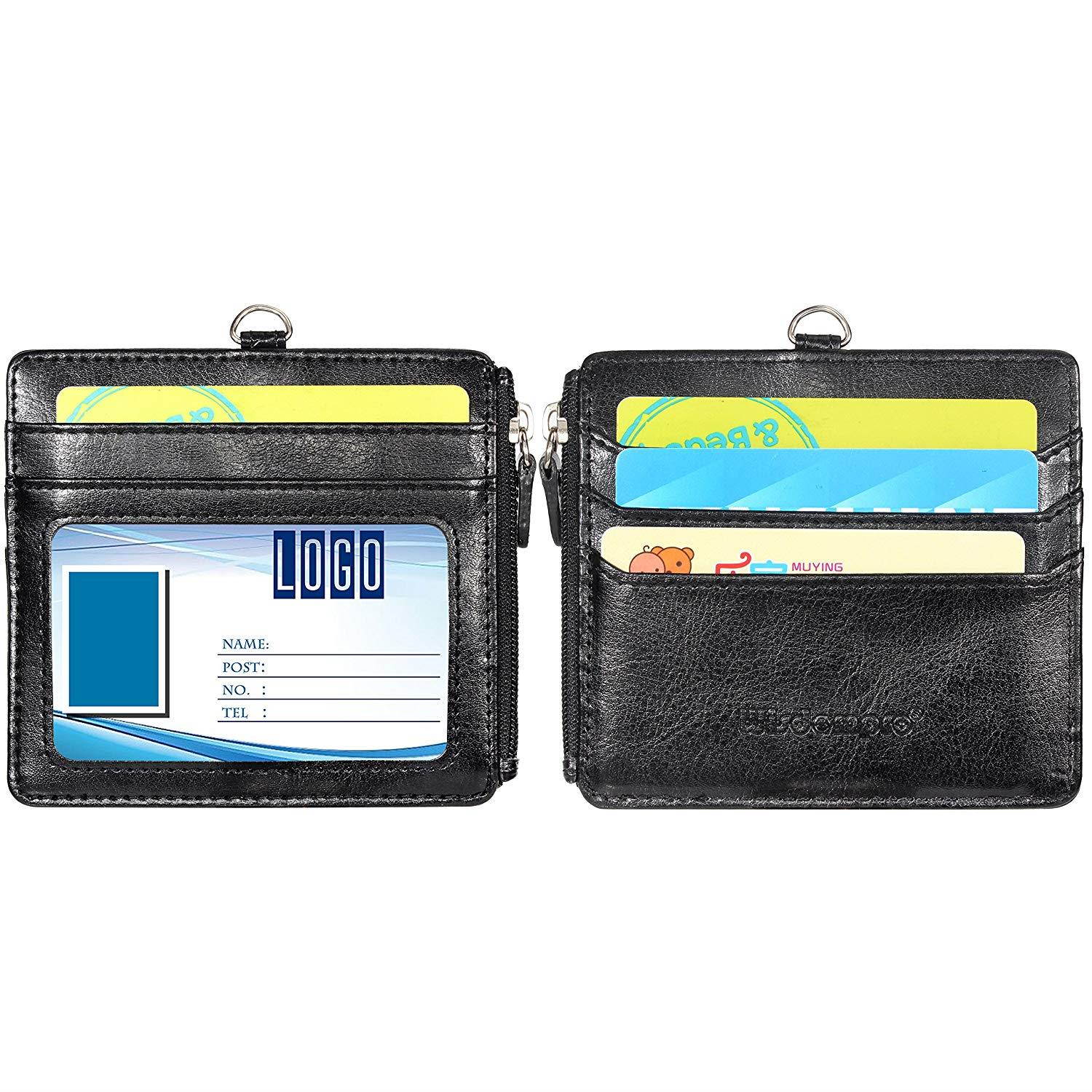 Badge Holder Zipper, Wisdompro 2-Sided PU Leather ID Badge Holder with 1 ID Window, 4 Card Slots, 1 Side Zipper Pocket and 1 piece 20" PU Neck Lanyard/Strap - Black (Horizontal)