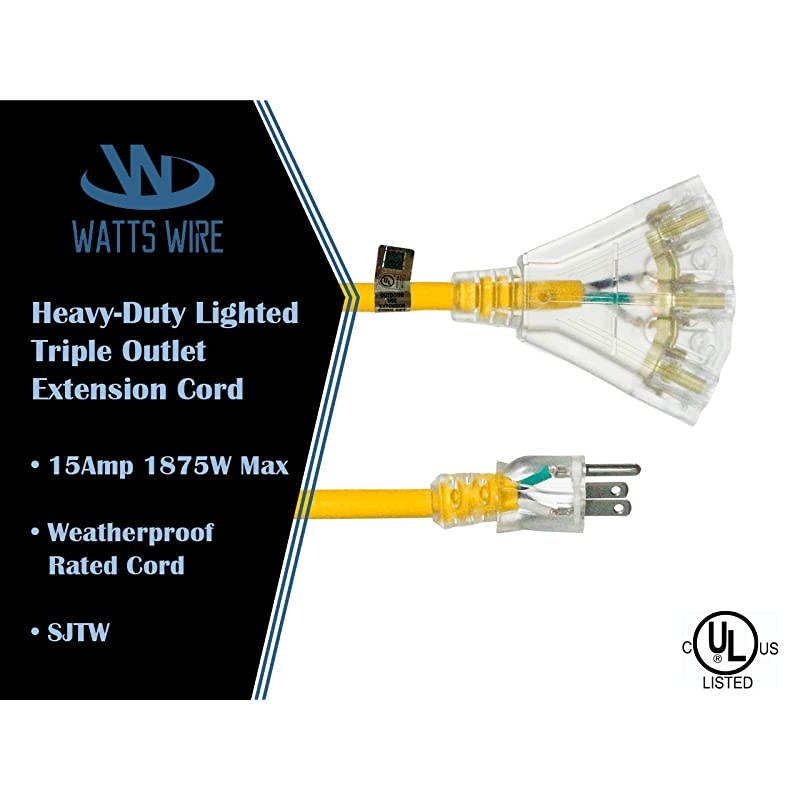 15ft 123 Heavy Duty 3Outlet Lighted SJTW IndoorOutdoor Extension Cord by Yellow 15 12Gauge Grounded 15Amp ThreeProng PowerCord 15 foot 12Awg