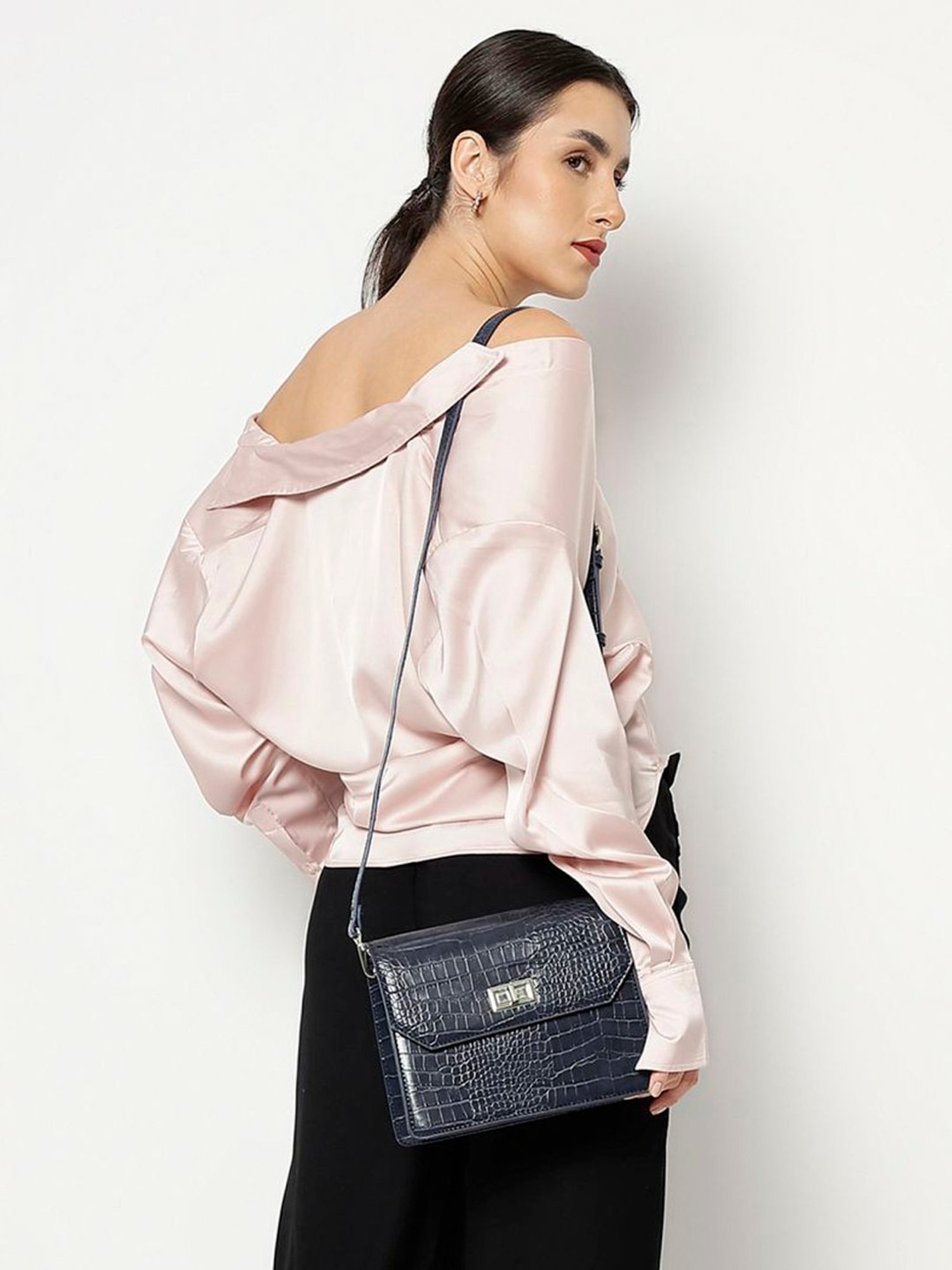 Tyra Lita Navy Textured Faux Leather Sling Handbag