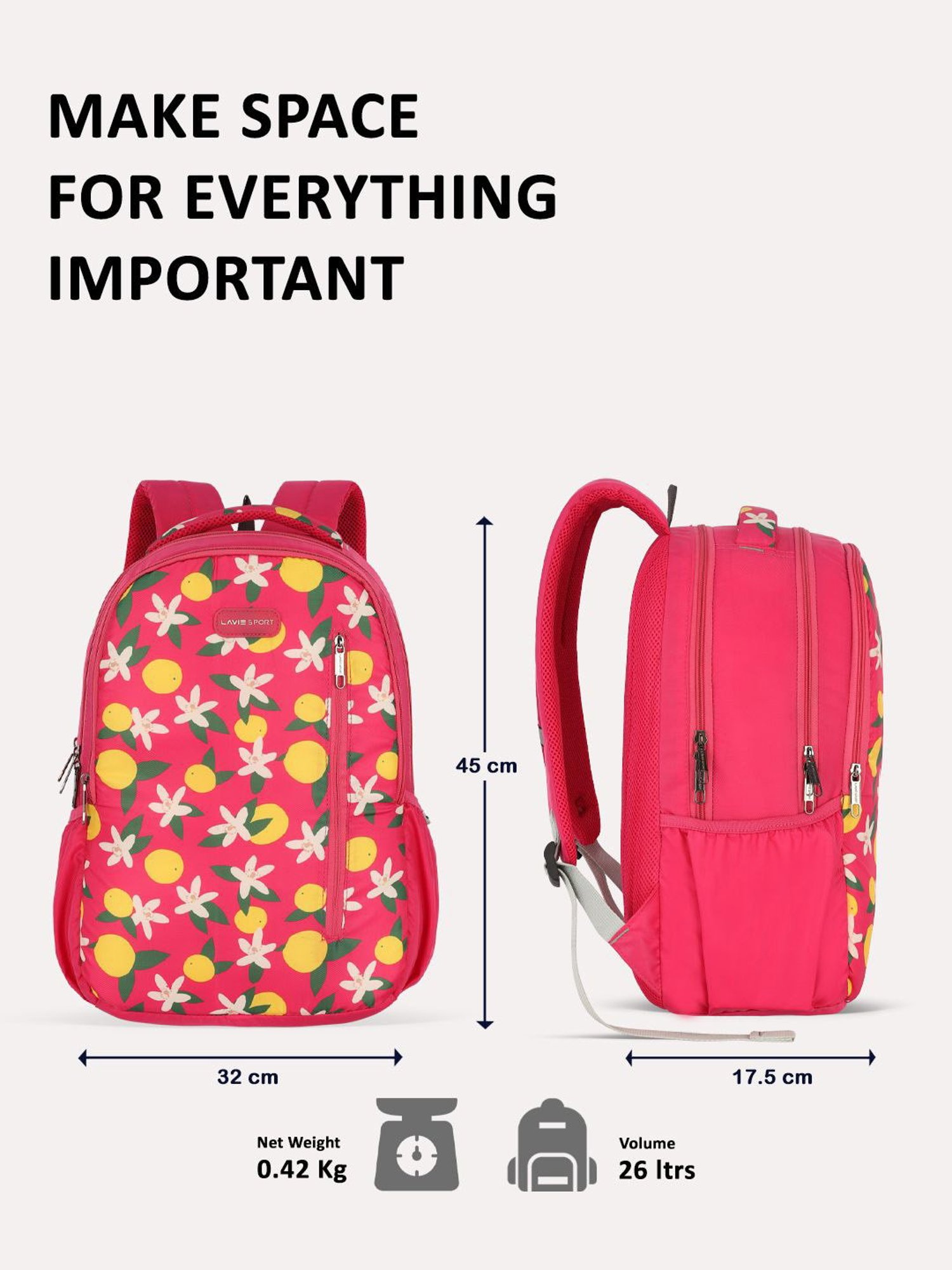 Lavie Sport Lime 26L Floral Printed School Backpack for Girls (Magenta)