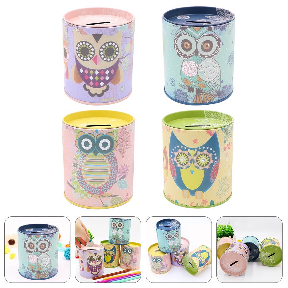4pcs Owl Pattern Saving Boxes Piggy Banks Tinplate Money Boxes for Children