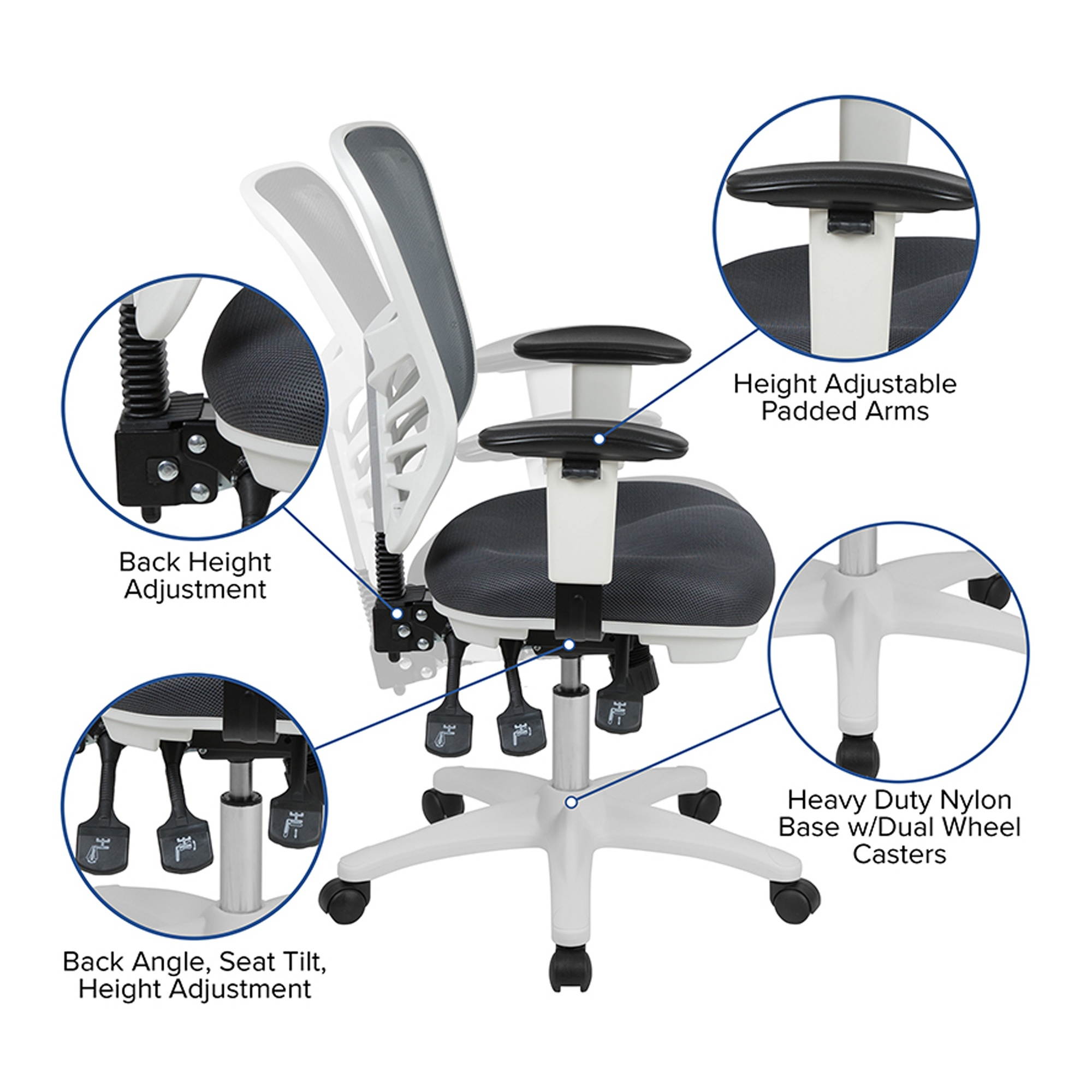 Mid-Back Dark Gray Mesh Multifunction Executive Swivel Ergonomic Office Chair with Adjustable Arms and White Frame