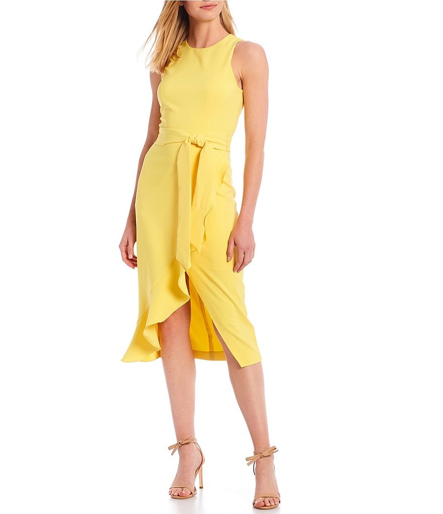 Laundry by Shelli Segal Ruffle Front Stretch Crepe Jewel Neck Sleeveless Faux Wrap Dress