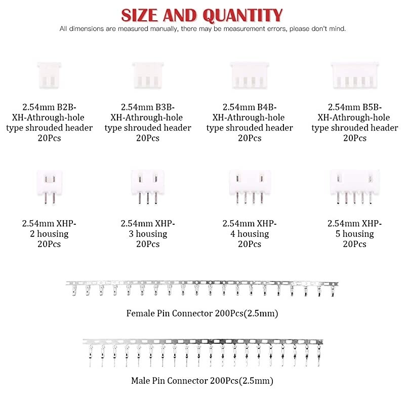 560Pcs 2.54mm 2/3/4/5 Pin Housing and Male/Female Pin Head Connector Adapter Plug Set Perfectly Compatible with JST-XHP