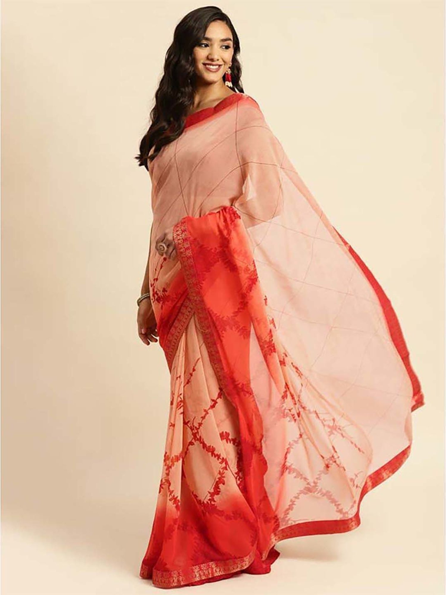 Rangita Peach Floral Print Saree With Unstitched Blouse