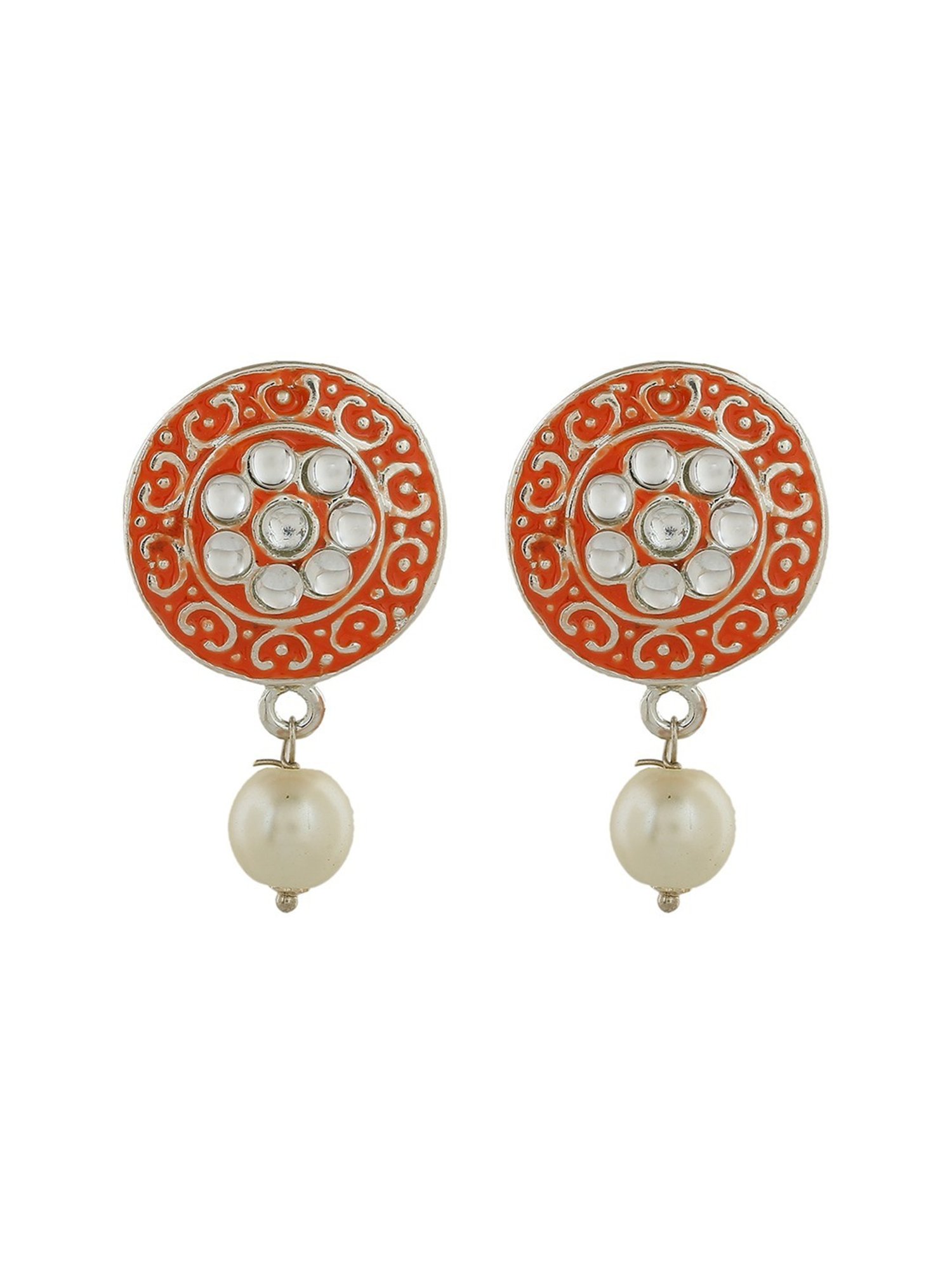 Estele Rhodium-Plated Stunning Meenakari Pearl Drop Earrings