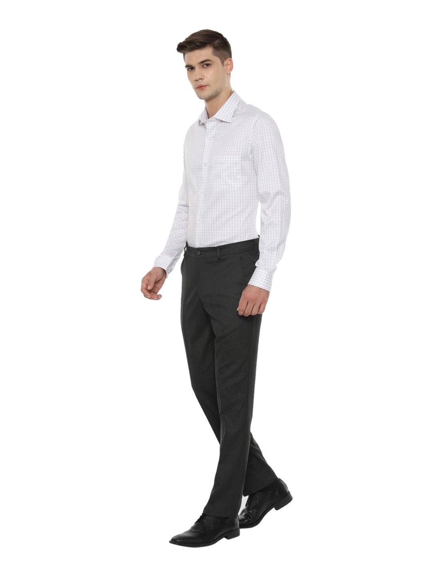 Louis Philippe Grey Slim Fit Self Pattern Formal Flat Front Trousers