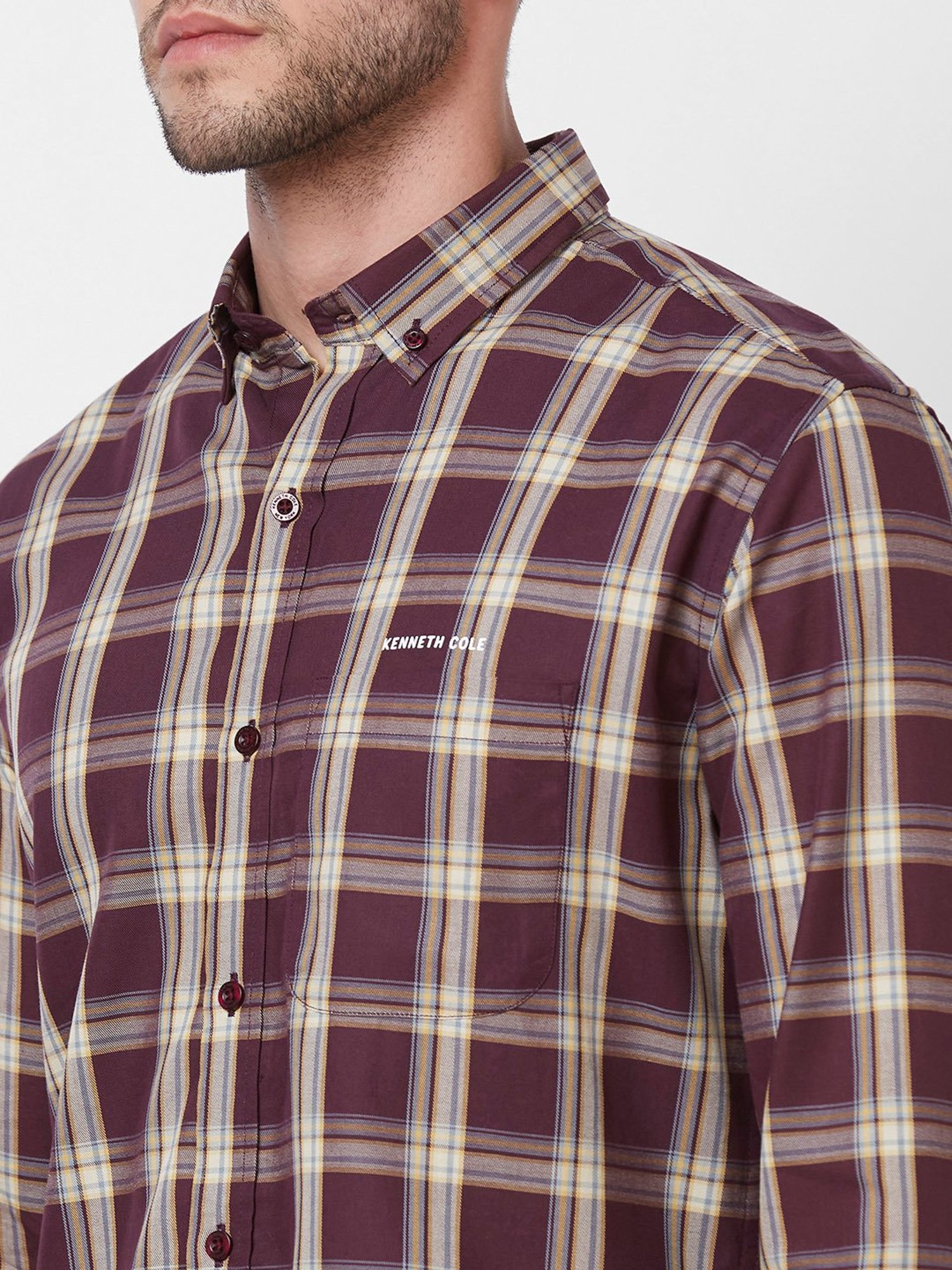 Kenneth Cole New York Maroon Slim Fit Check Cotton Shirt