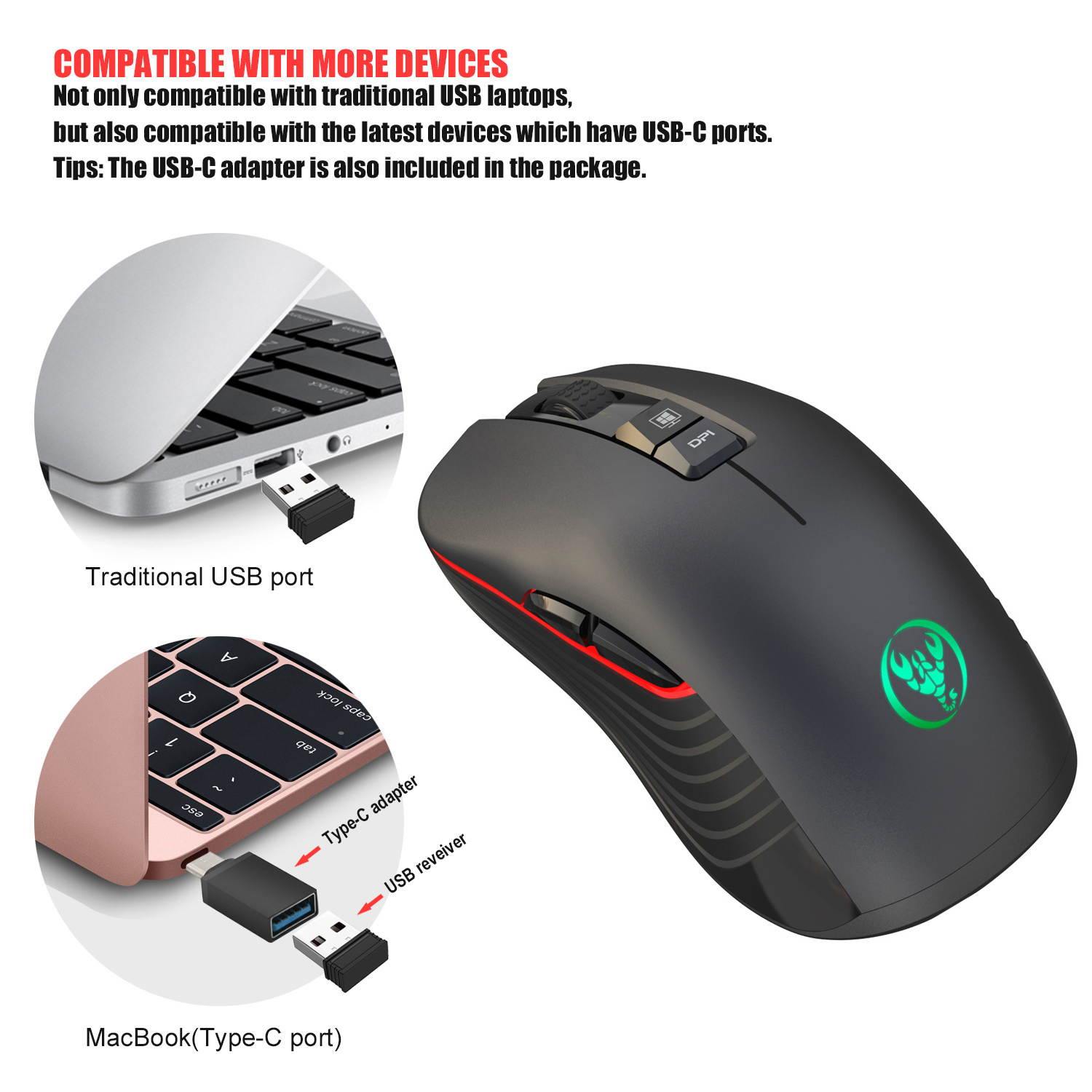 Wireless Charging Gaming Mouse Mute Luminous Mechanical Mouse for Mac and PC, up to 3600dpi