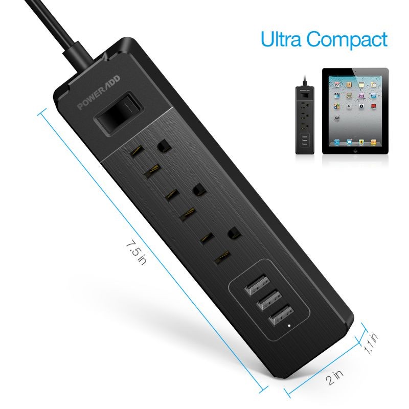 Poweradd 300J 3 Outlet Power Strip Surge Protector 3 USB Charging Ports with 5ft Heavy Duty Power Extension Cord 1250W/10A, Black