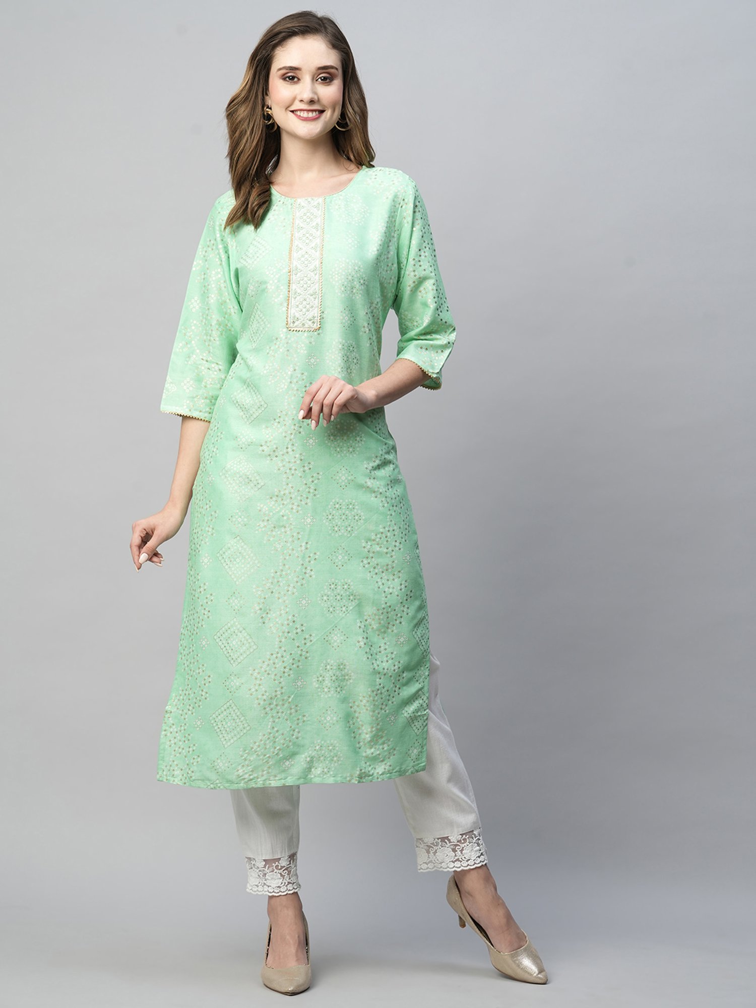 KIANA Green Printed Straight Kurta