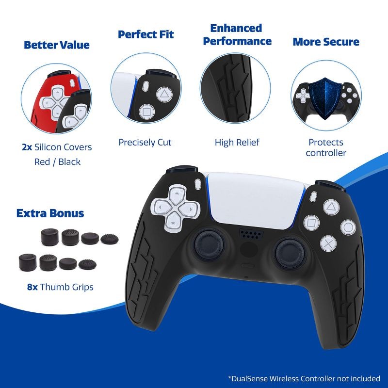 PS5 Controller Grip Cover,  Anti-Slip Silicone Skin Protective Cover Case for Playstation 5 DualSense Wireless Controller, 2 Pack with 8 Thumb Grips (Black/Red)