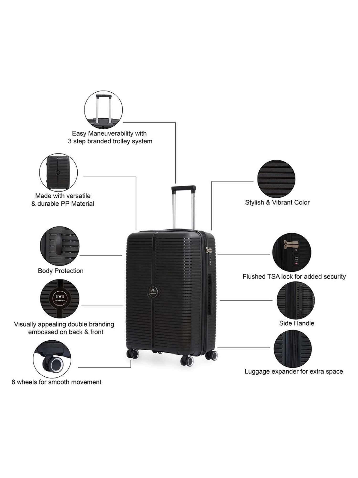 The Vertical Stellar Black Wheels 8 Medium Hard Cabin Trolley Bag