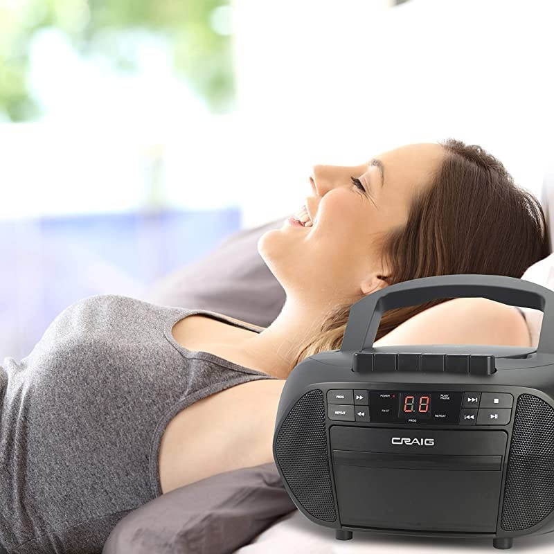 CD6951 Portable Top-Loading CD Boombox with AM/FM Stereo Radio and Cassette Player/Recorder in Black | 6 Key Cassette Player/Recorder | LED Display |