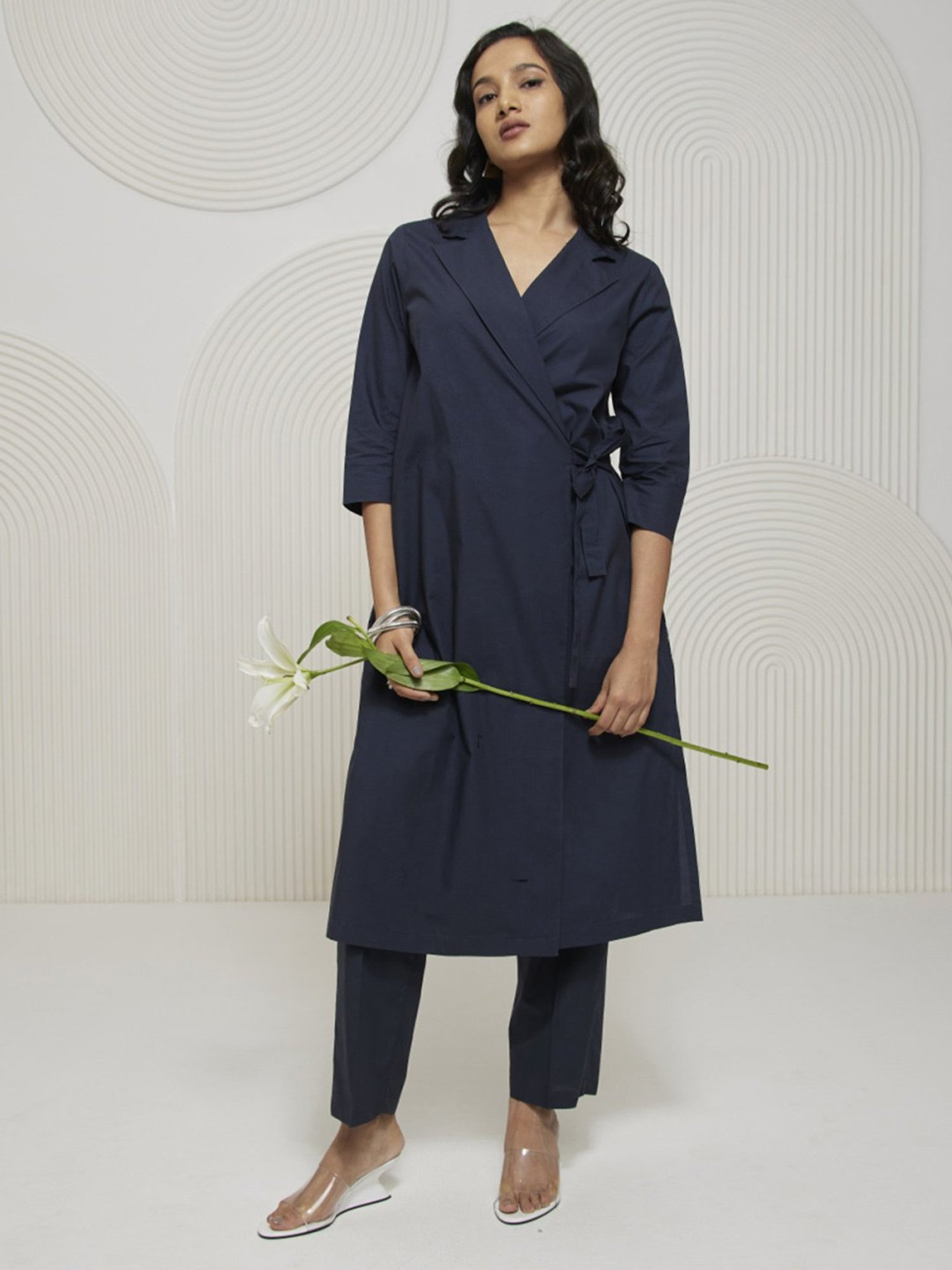 Artagai Midnight Navy Elevated Basics Co-Ord Set With Notch Collar Top And Straight Pants