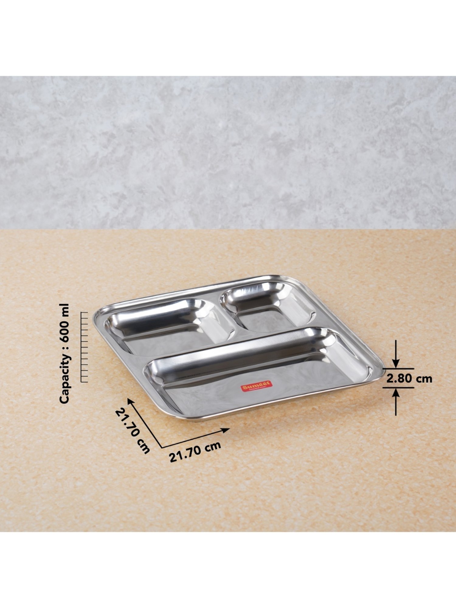 Sumeet S.S. 3 in 1 Idli Wada Compartment plate/Snack Plate/Breakfast Plate Set of 6Pcs, 21.7cm Dia,