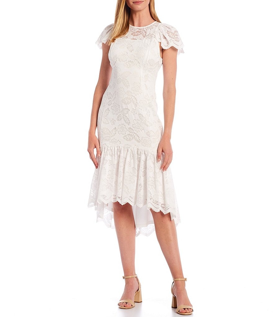 Calvin Klein Crew Neck Cap Sleeve Ruffle Hem Lace Midi Dress