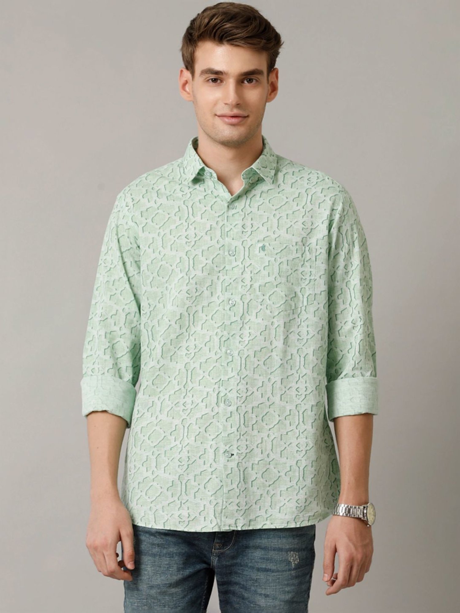 Cavallo By Linen Club Green Linen Contemporary Fit Printed Shirt