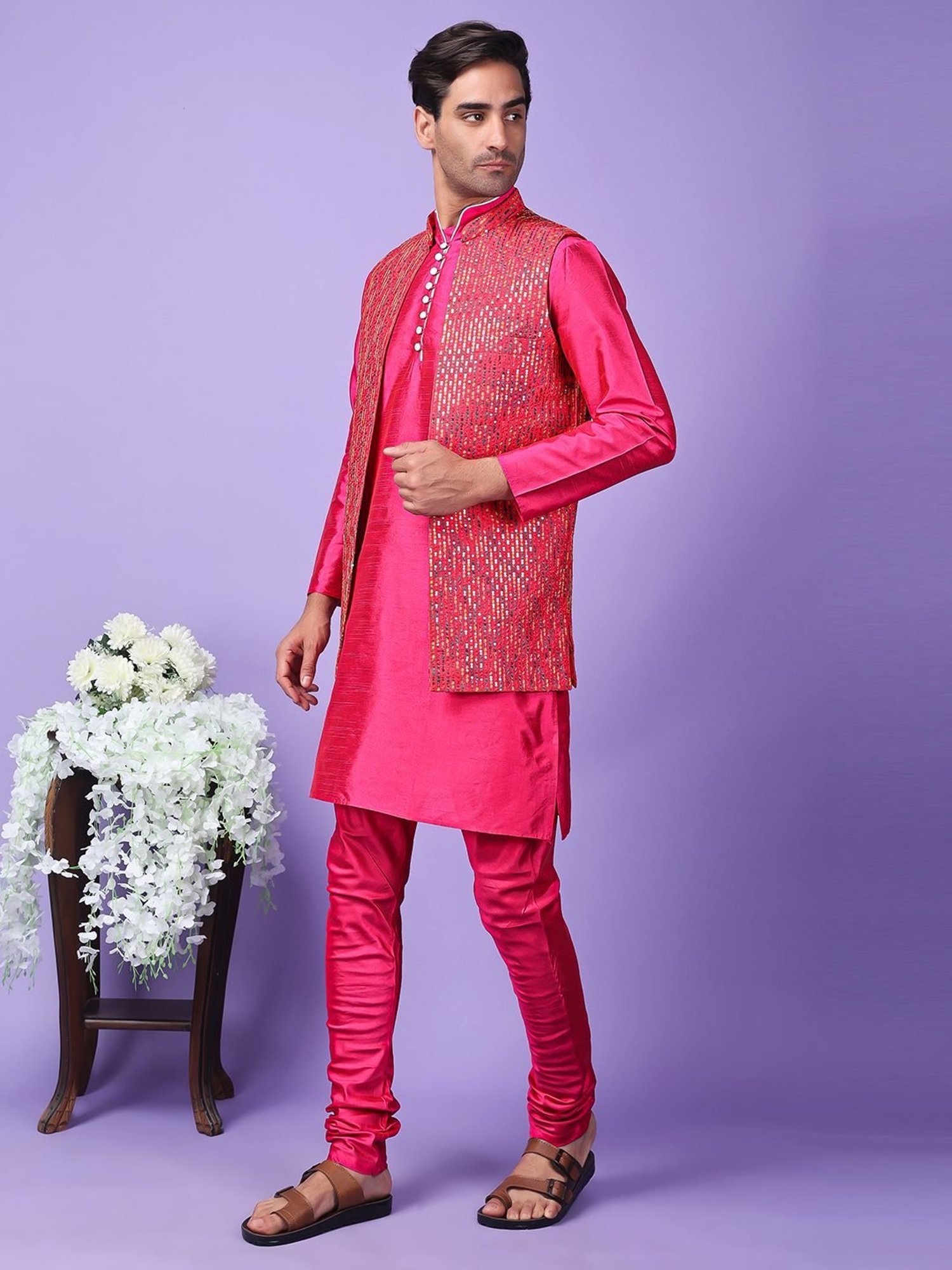 Hangup Pink Regular Fit Embroidered Kurta Set With Jacket