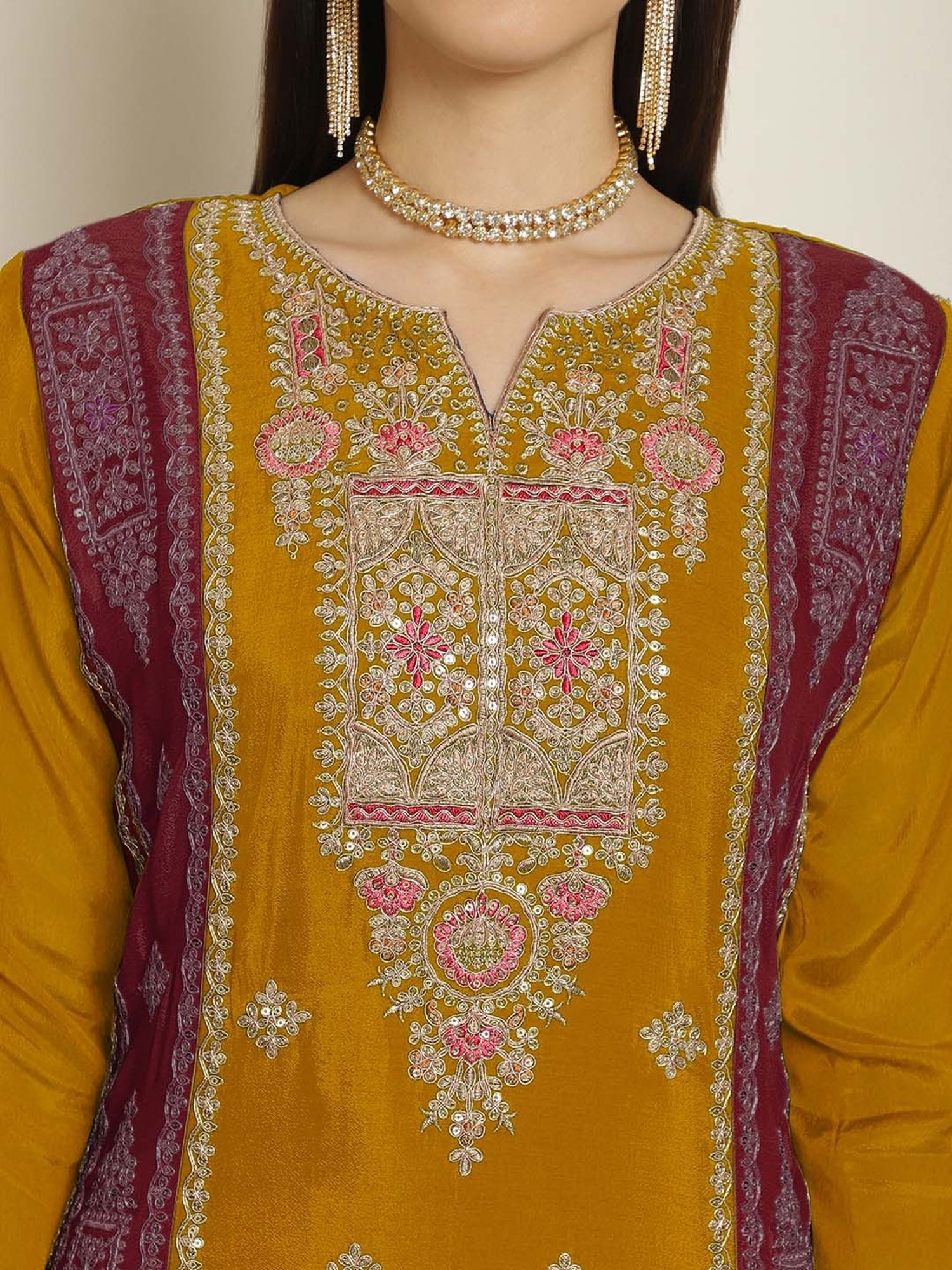 Stylee LIFESTYLE Mustard Embroidered Unstitiched Dress Material