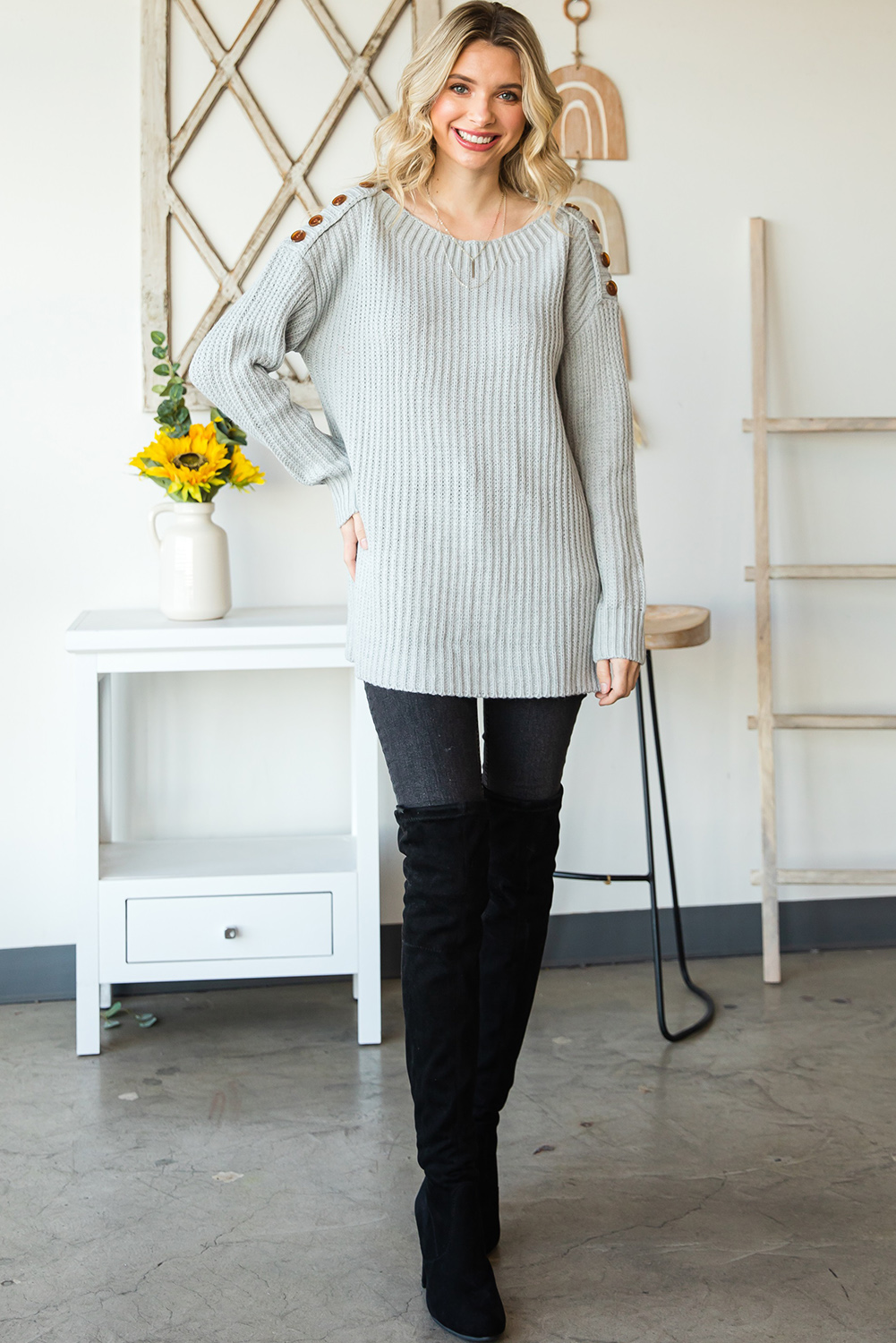 Yellow Drop Shoulder Henley Pullover Sweater With Slits