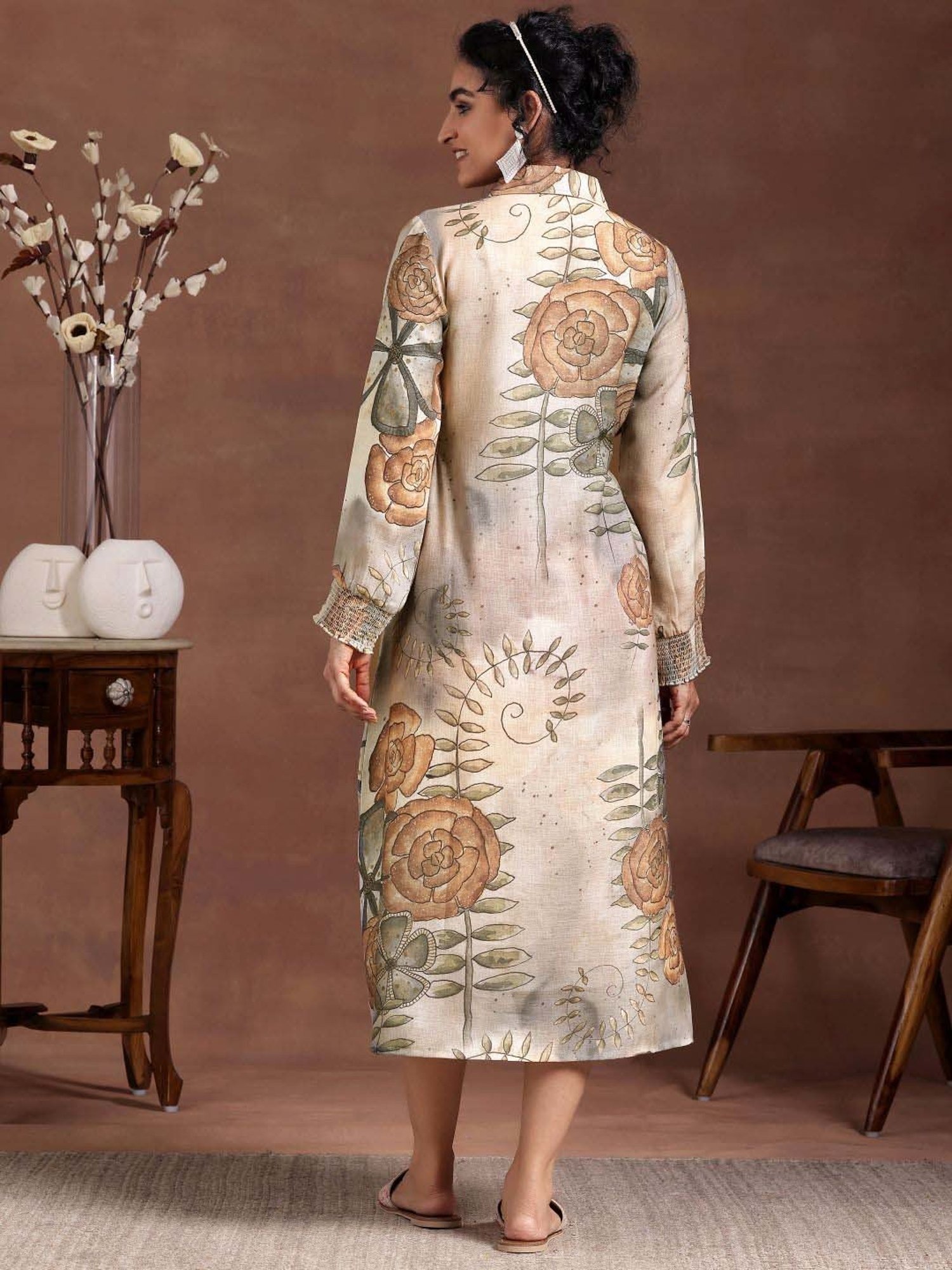 Libas Beige Linen Printed A-Line Dress