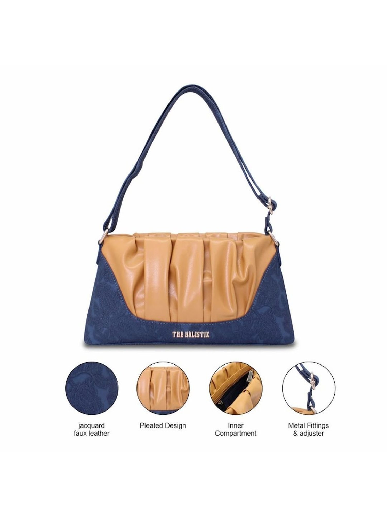 THE HOLISTIK Ishante Navy Blue & Tan Textured Medium Sling Handbag