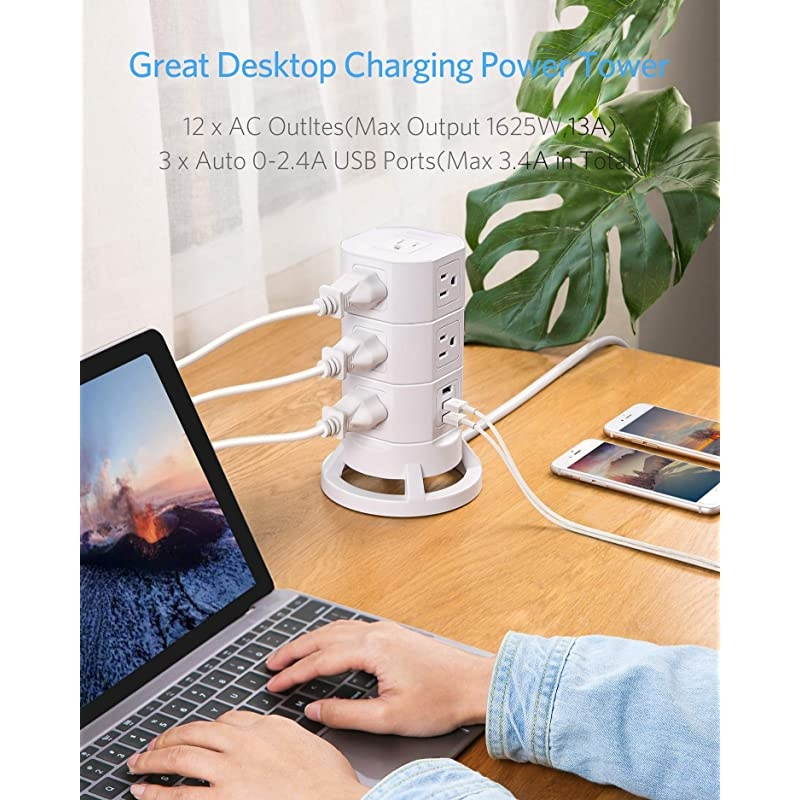 12 Outlets Power Strip Tower with 3 USB Ports Stackable Design Extend to 14 AC Outlets for PC Laptop Mobiles6 Feet Extension CordWhite
