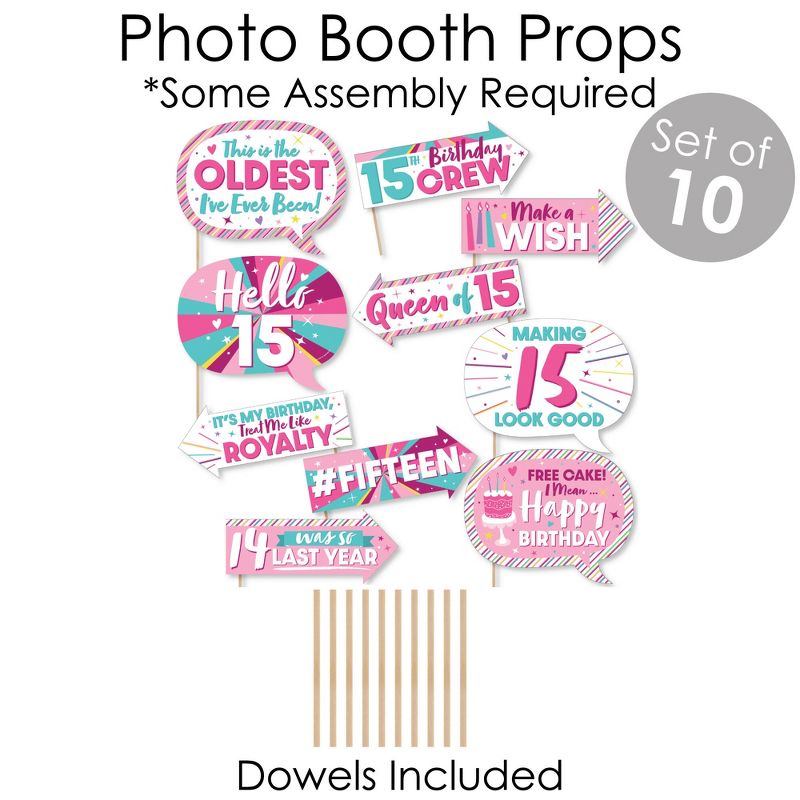 Big Dot of Happiness Girl 15th Birthday - Banner and Photo Booth Decorations - Teen Birthday Party Supplies Kit - Doterrific Bundle