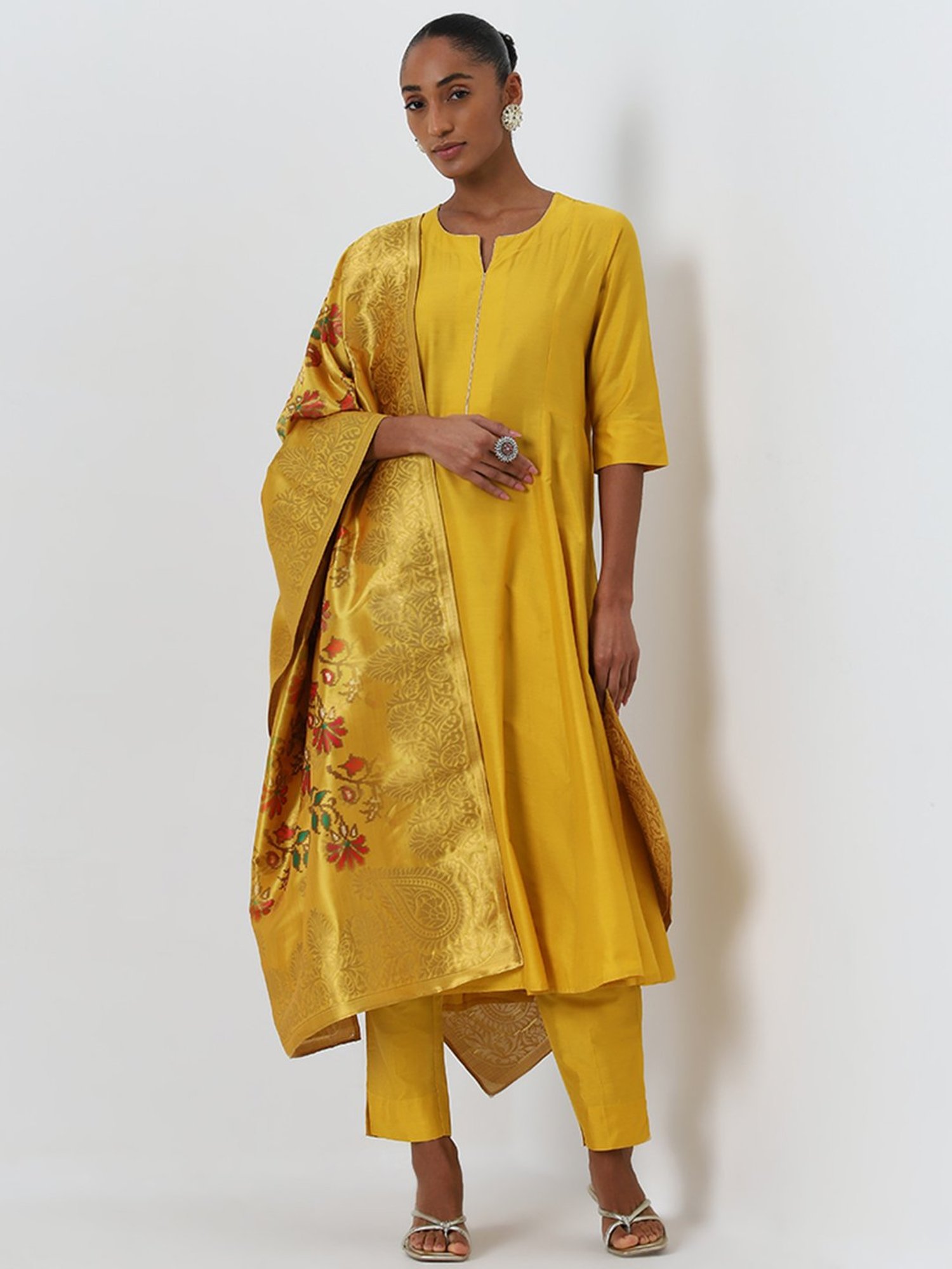 Vark by Westside Mustard Kurta, Ethnic Pants and Bandhani Dupatta Set