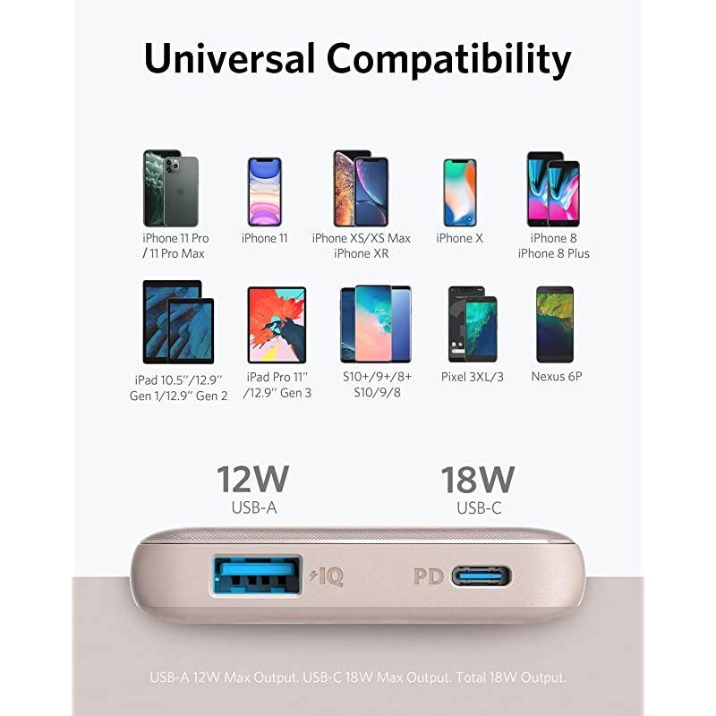 PowerCore Slim 10000 PD 10000mAh Portable Charger USB-C Power Delivery (18W) Power Bank for iPhone 8/8+/X/XS/XR/XS Max, Samsung Galaxy S10, Pixel 3/3XL, iPad Pro 2018, and More (Fossil Gray)