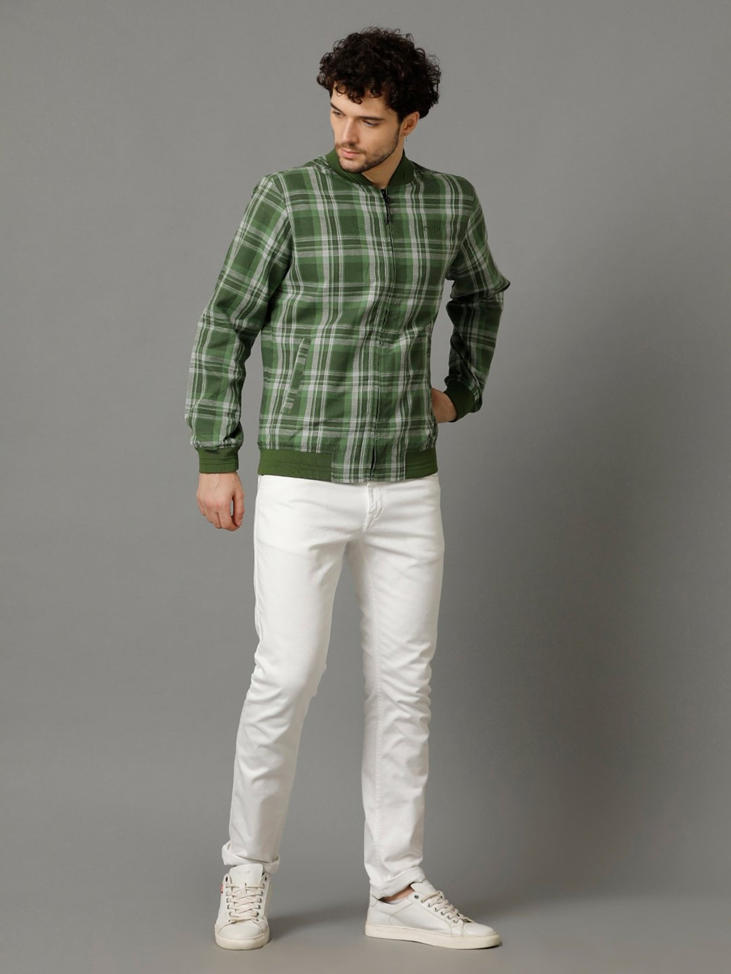 CAVALLO by Linen Club Green Regular Fit Check Cotton Linen Bomber Jacket