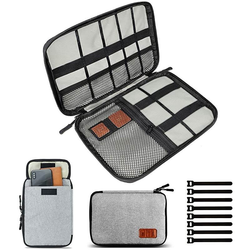 Cable Organizer Bag, Small Electronics Accessories Carry Cases Portable Cord Organizer Bag for Cable, Charger, Phone, USB, SD Card ,with 8pcs Cable Ties (Gray)