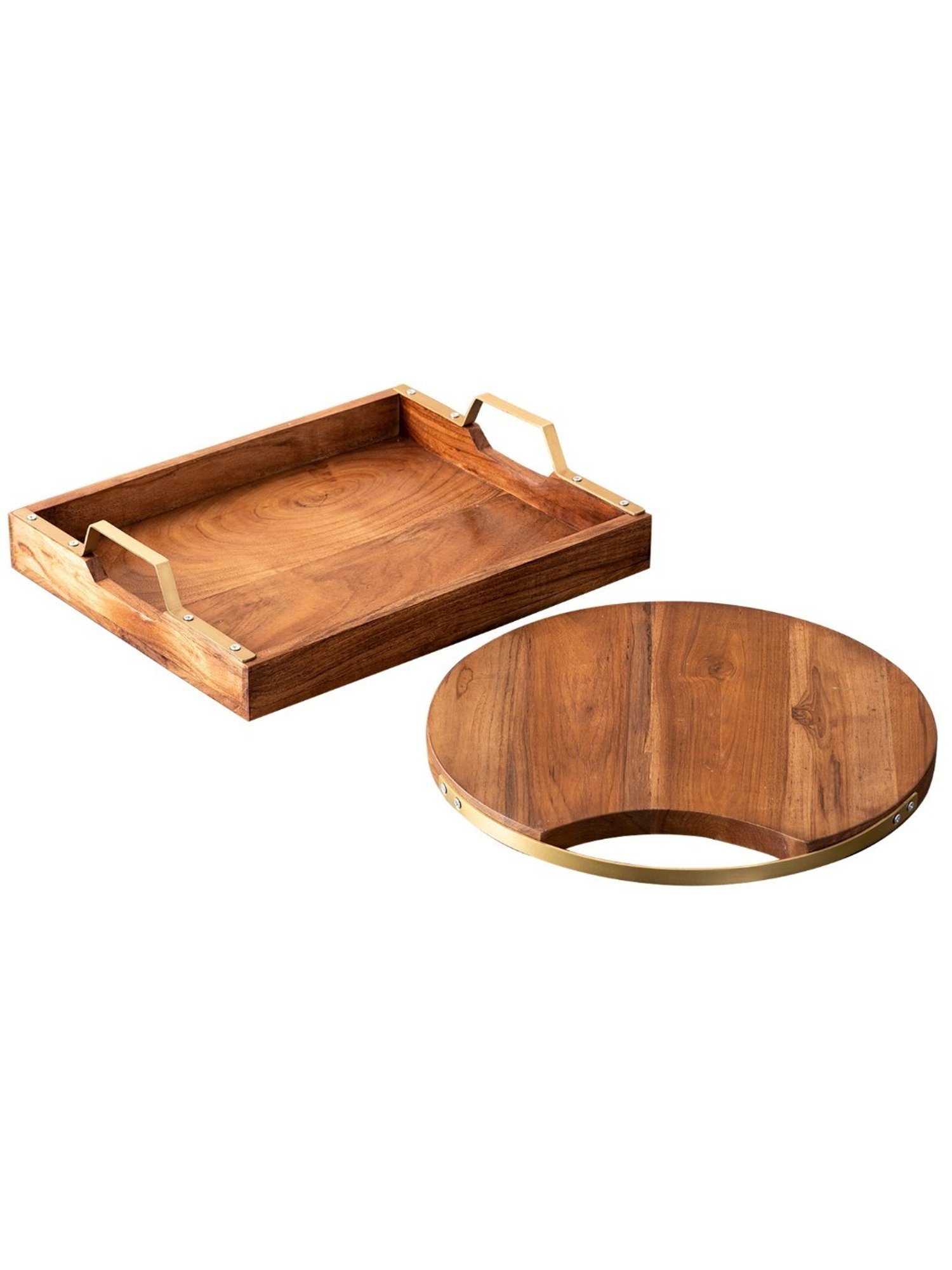 Nestroots Brown Teak Wood Serving Tray & Platter Set