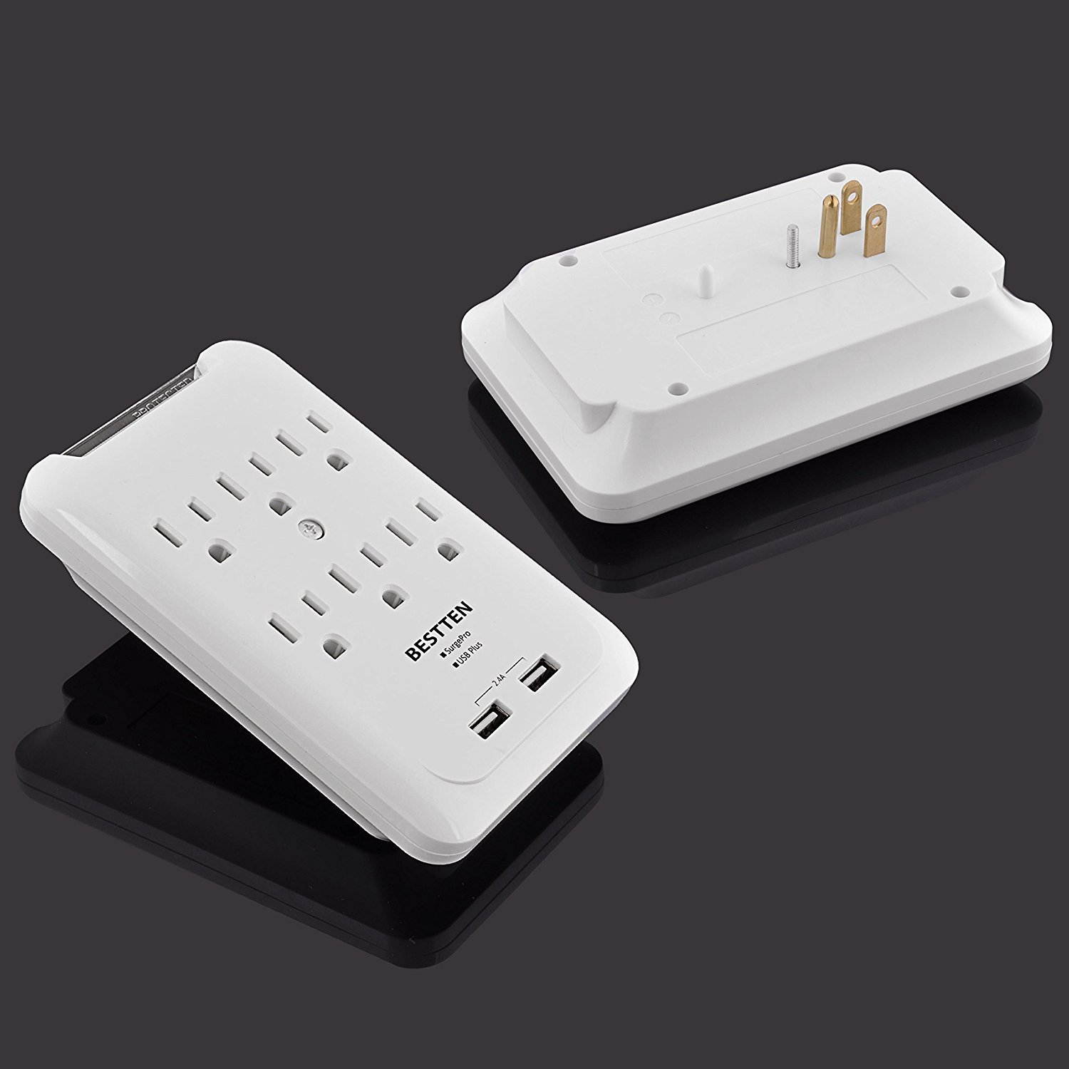 BESTTEN 6 Outlet Wall Tap Adapter, Mountable Surge Protector with Dual USB Charging Ports (2.4A Totally) and 6 AC Plugs, ETL Certified, White