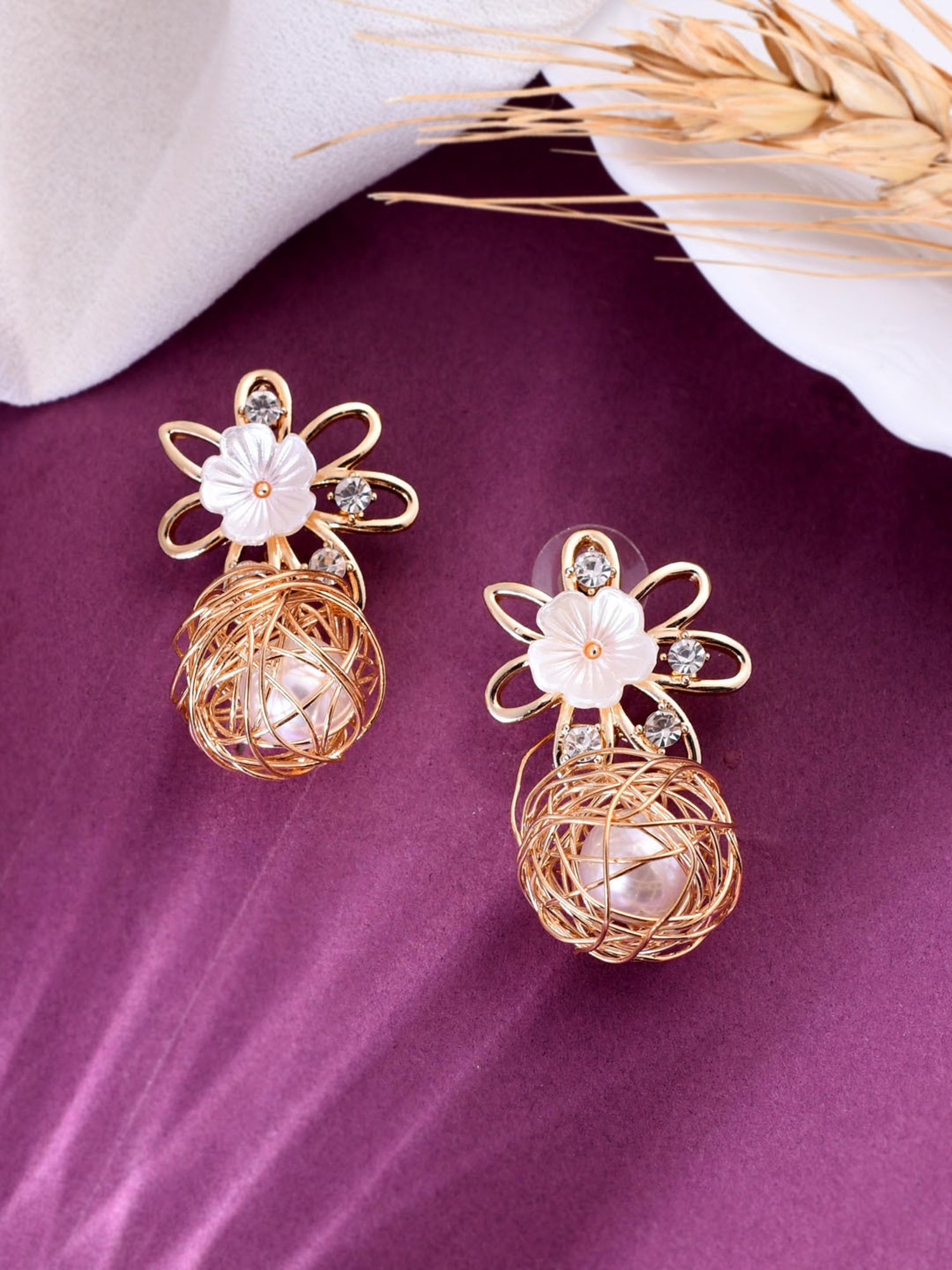 VOJ Women Gold Plated Flower Peral Studs Earring for Women