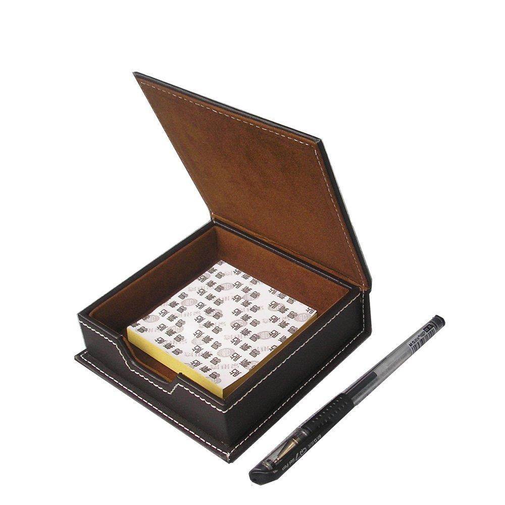 KINGFOM Desktop Organizer Supplies Leather Name Cards Holder Sticky Notes Dispenser Case with a Lid Cover 3.9 x 3.9 Inches(brown)